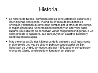 Historia.

La historia de Necoclí comienza con los conquistadores españoles y
los indígenas aborígenes. Puerta de entrada de los ibéricos a
Antioquia y habitada durante esos tiempos por la etnia de los Kunas,
la región posee una fuerte tradición histórica y un alto valor socio-
cultural. En el distrito se conservan varios resguardos indígenas, a 22
kilómetros de la cabecera, que constituyen un atractivo turístico y
científico antropológico.

Más o menos a sólo dos kilómetros de la cabecera está justamente
el sitio donde una vez se situó el poblado conquistador de San
Sebastián de Urabá, por donde, allá por 1509, pasó el conquistador
Alonso de Ojeda, considerado el fundador del poblado.
 