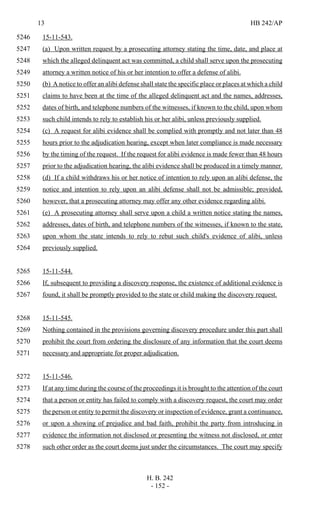 13 HB 242/AP
H. B. 242
- 152 -
15-11-543.5246
(a) Upon written request by a prosecuting attorney stating the time, date, and place at5247
which the alleged delinquent act was committed, a child shall serve upon the prosecuting5248
attorney a written notice of his or her intention to offer a defense of alibi.5249
(b) A notice to offer an alibi defense shall state the specific place or places at which a child5250
claims to have been at the time of the alleged delinquent act and the names, addresses,5251
dates of birth, and telephone numbers of the witnesses, if known to the child, upon whom5252
such child intends to rely to establish his or her alibi, unless previously supplied.5253
(c) A request for alibi evidence shall be complied with promptly and not later than 485254
hours prior to the adjudication hearing, except when later compliance is made necessary5255
by the timing of the request. If the request for alibi evidence is made fewer than 48 hours5256
prior to the adjudication hearing, the alibi evidence shall be produced in a timely manner.5257
(d) If a child withdraws his or her notice of intention to rely upon an alibi defense, the5258
notice and intention to rely upon an alibi defense shall not be admissible; provided,5259
however, that a prosecuting attorney may offer any other evidence regarding alibi.5260
(e) A prosecuting attorney shall serve upon a child a written notice stating the names,5261
addresses, dates of birth, and telephone numbers of the witnesses, if known to the state,5262
upon whom the state intends to rely to rebut such child's evidence of alibi, unless5263
previously supplied.5264
15-11-544.5265
If, subsequent to providing a discovery response, the existence of additional evidence is5266
found, it shall be promptly provided to the state or child making the discovery request.5267
15-11-545.5268
Nothing contained in the provisions governing discovery procedure under this part shall5269
prohibit the court from ordering the disclosure of any information that the court deems5270
necessary and appropriate for proper adjudication.5271
15-11-546.5272
If at any time during the course of the proceedings it is brought to the attention of the court5273
that a person or entity has failed to comply with a discovery request, the court may order5274
the person or entity to permit the discovery or inspection of evidence, grant a continuance,5275
or upon a showing of prejudice and bad faith, prohibit the party from introducing in5276
evidence the information not disclosed or presenting the witness not disclosed, or enter5277
such other order as the court deems just under the circumstances. The court may specify5278
 