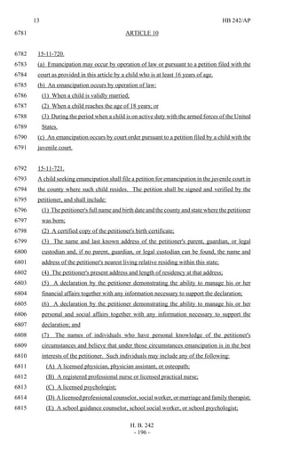 13 HB 242/AP
H. B. 242
- 196 -
ARTICLE 106781
15-11-720.6782
(a) Emancipation may occur by operation of law or pursuant to a petition filed with the6783
court as provided in this article by a child who is at least 16 years of age.6784
(b) An emancipation occurs by operation of law:6785
(1) When a child is validly married;6786
(2) When a child reaches the age of 18 years; or6787
(3) During the period when a child is on active duty with the armed forces of the United6788
States.6789
(c) An emancipation occurs by court order pursuant to a petition filed by a child with the6790
juvenile court.6791
15-11-721.6792
A child seeking emancipation shall file a petition for emancipation in the juvenile court in6793
the county where such child resides. The petition shall be signed and verified by the6794
petitioner, and shall include:6795
(1) The petitioner's full name and birth date and the county and state where the petitioner6796
was born;6797
(2) A certified copy of the petitioner's birth certificate;6798
(3) The name and last known address of the petitioner's parent, guardian, or legal6799
custodian and, if no parent, guardian, or legal custodian can be found, the name and6800
address of the petitioner's nearest living relative residing within this state;6801
(4) The petitioner's present address and length of residency at that address;6802
(5) A declaration by the petitioner demonstrating the ability to manage his or her6803
financial affairs together with any information necessary to support the declaration;6804
(6) A declaration by the petitioner demonstrating the ability to manage his or her6805
personal and social affairs together with any information necessary to support the6806
declaration; and6807
(7) The names of individuals who have personal knowledge of the petitioner's6808
circumstances and believe that under those circumstances emancipation is in the best6809
interests of the petitioner. Such individuals may include any of the following:6810
(A) A licensed physician, physician assistant, or osteopath;6811
(B) A registered professional nurse or licensed practical nurse;6812
(C) A licensed psychologist;6813
(D) A licensed professional counselor, social worker, or marriage and family therapist;6814
(E) A school guidance counselor, school social worker, or school psychologist;6815
 