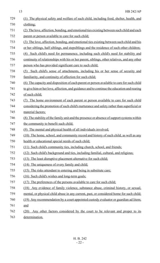 13 HB 242/AP
H. B. 242
- 22 -
(1) The physical safety and welfare of such child, including food, shelter, health, and729
clothing;730
(2) The love, affection, bonding, and emotional ties existing between such child and each731
parent or person available to care for such child;732
(3) The love, affection, bonding, and emotional ties existing between such child and his733
or her siblings, half siblings, and stepsiblings and the residence of such other children;734
(4) Such child's need for permanence, including such child's need for stability and735
continuity of relationships with his or her parent, siblings, other relatives, and any other736
person who has provided significant care to such child;737
(5) Such child's sense of attachments, including his or her sense of security and738
familiarity, and continuity of affection for such child;739
(6) The capacity and disposition of each parent or person available to care for such child740
to give him or her love, affection, and guidance and to continue the education and rearing741
of such child;742
(7) The home environment of each parent or person available to care for such child743
considering the promotion of such child's nurturance and safety rather than superficial or744
material factors;745
(8) The stability of the family unit and the presence or absence of support systems within746
the community to benefit such child;747
(9) The mental and physical health of all individuals involved;748
(10) The home, school, and community record and history of such child, as well as any749
health or educational special needs of such child;750
(11) Such child's community ties, including church, school, and friends;751
(12) Such child's background and ties, including familial, cultural, and religious;752
(13) The least disruptive placement alternative for such child;753
(14) The uniqueness of every family and child;754
(15) The risks attendant to entering and being in substitute care;755
(16) Such child's wishes and long-term goals;756
(17) The preferences of the persons available to care for such child;757
(18) Any evidence of family violence, substance abuse, criminal history, or sexual,758
mental, or physical child abuse in any current, past, or considered home for such child;759
(19) Any recommendation by a court appointed custody evaluator or guardian ad litem;760
and761
(20) Any other factors considered by the court to be relevant and proper to its762
determination.763
 