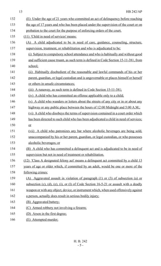 13 HB 242/AP
H. B. 242
- 5 -
(E) Under the age of 21 years who committed an act of delinquency before reaching132
the age of 17 years and who has been placed under the supervision of the court or on133
probation to the court for the purpose of enforcing orders of the court.134
(11) 'Child in need of services' means:135
(A) A child adjudicated to be in need of care, guidance, counseling, structure,136
supervision, treatment, or rehabilitation and who is adjudicated to be:137
(i) Subject to compulsory school attendance and who is habitually and without good138
and sufficient cause truant, as such term is defined in Code Section 15-11-381, from139
school;140
(ii) Habitually disobedient of the reasonable and lawful commands of his or her141
parent, guardian, or legal custodian and is ungovernable or places himself or herself142
or others in unsafe circumstances;143
(iii) A runaway, as such term is defined in Code Section 15-11-381;144
(iv) A child who has committed an offense applicable only to a child;145
(v) A child who wanders or loiters about the streets of any city or in or about any146
highway or any public place between the hours of 12:00 Midnight and 5:00 A.M.;147
(vi) A child who disobeys the terms of supervision contained in a court order which148
has been directed to such child who has been adjudicated a child in need of services;149
or150
(vii) A child who patronizes any bar where alcoholic beverages are being sold,151
unaccompanied by his or her parent, guardian, or legal custodian, or who possesses152
alcoholic beverages; or153
(B) A child who has committed a delinquent act and is adjudicated to be in need of154
supervision but not in need of treatment or rehabilitation.155
(12) 'Class A designated felony act' means a delinquent act committed by a child 13156
years of age or older which, if committed by an adult, would be one or more of the157
following crimes:158
(A) Aggravated assault in violation of paragraph (1) or (3) of subsection (a) or159
subsection (c), (d), (e), (i), or (l) of Code Section 16-5-21 or assault with a deadly160
weapon or with any object, device, or instrument which, when used offensively against161
a person, actually does result in serious bodily injury;162
(B) Aggravated battery;163
(C) Armed robbery not involving a firearm;164
(D) Arson in the first degree;165
(E) Attempted murder;166
 