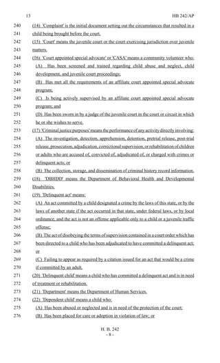13 HB 242/AP
H. B. 242
- 8 -
(14) 'Complaint' is the initial document setting out the circumstances that resulted in a240
child being brought before the court.241
(15) 'Court' means the juvenile court or the court exercising jurisdiction over juvenile242
matters.243
(16) 'Court appointed special advocate' or 'CASA' means a community volunteer who:244
(A) Has been screened and trained regarding child abuse and neglect, child245
development, and juvenile court proceedings;246
(B) Has met all the requirements of an affiliate court appointed special advocate247
program;248
(C) Is being actively supervised by an affiliate court appointed special advocate249
program; and250
(D) Has been sworn in by a judge of the juvenile court in the court or circuit in which251
he or she wishes to serve.252
(17) 'Criminaljusticepurposes'meanstheperformanceofanyactivitydirectlyinvolving:253
(A) The investigation, detection, apprehension, detention, pretrial release, post-trial254
release,prosecution,adjudication,correctionalsupervision,orrehabilitationofchildren255
or adults who are accused of, convicted of, adjudicated of, or charged with crimes or256
delinquent acts; or257
(B) The collection, storage, and dissemination of criminal history record information.258
(18) 'DBHDD' means the Department of Behavioral Health and Developmental259
Disabilities.260
(19) 'Delinquent act' means:261
(A) An act committed by a child designated a crime by the laws of this state, or by the262
laws of another state if the act occurred in that state, under federal laws, or by local263
ordinance, and the act is not an offense applicable only to a child or a juvenile traffic264
offense;265
(B) The act of disobeying the terms of supervision contained in a court order which has266
been directed to a child who has been adjudicated to have committed a delinquent act;267
or268
(C) Failing to appear as required by a citation issued for an act that would be a crime269
if committed by an adult.270
(20) 'Delinquent child' means a child who has committed a delinquent act and is in need271
of treatment or rehabilitation.272
(21) 'Department' means the Department of Human Services.273
(22) 'Dependent child' means a child who:274
(A) Has been abused or neglected and is in need of the protection of the court:275
(B) Has been placed for care or adoption in violation of law; or276
 