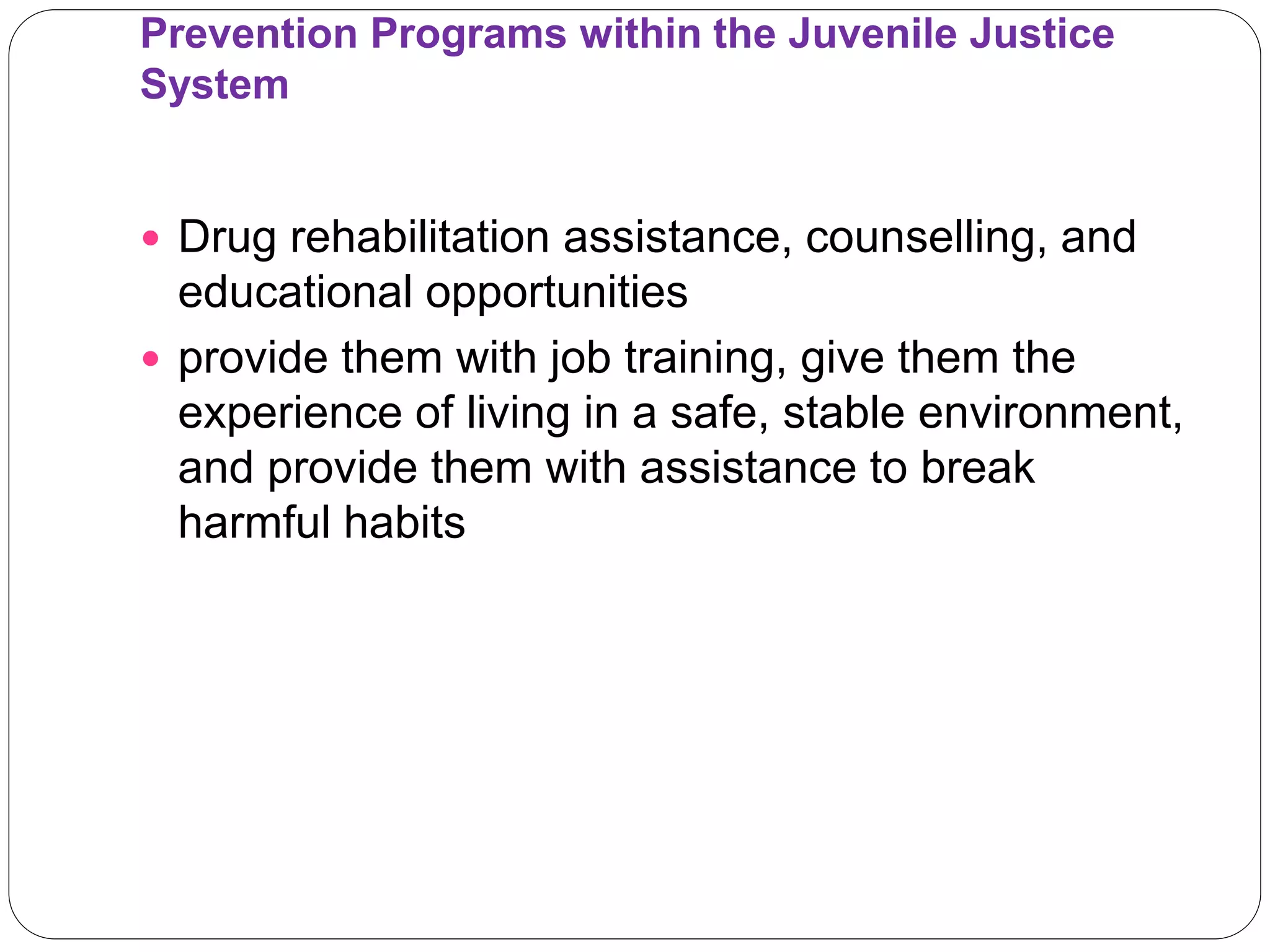 Prevention Programs within the Juvenile Justice
System
 Drug rehabilitation assistance, counselling, and
educational opportunities
 provide them with job training, give them the
experience of living in a safe, stable environment,
and provide them with assistance to break
harmful habits
 