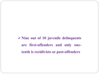  Nine out of 10 juvenile delinquents
are first-offenders and only one-
tenth is recidivists or past-offenders
 