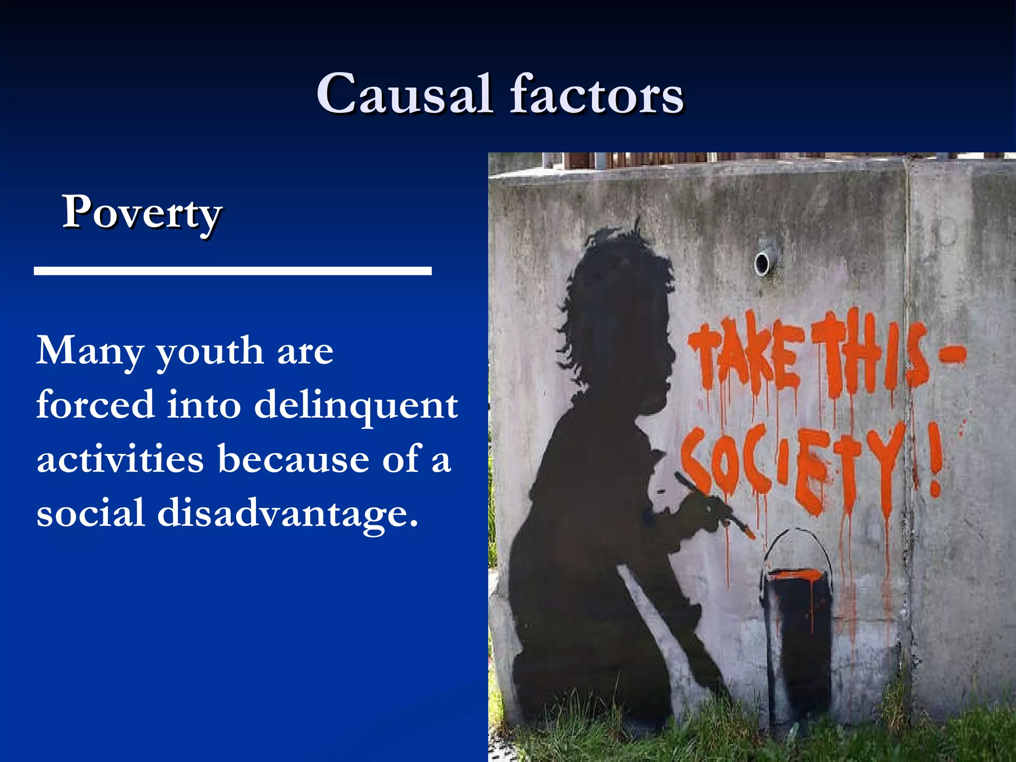 Causal factors  Poverty  Many youth are forced into delinquent activities because of a social disadvantage.   