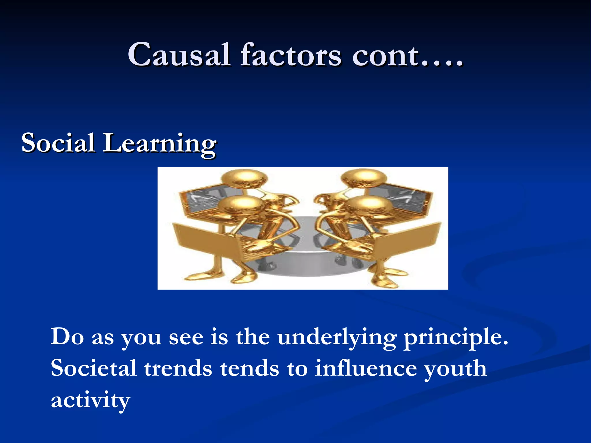 Causal factors cont…. Social Learning  Do as you see is the underlying principle. Societal trends tends to influence youth activity 