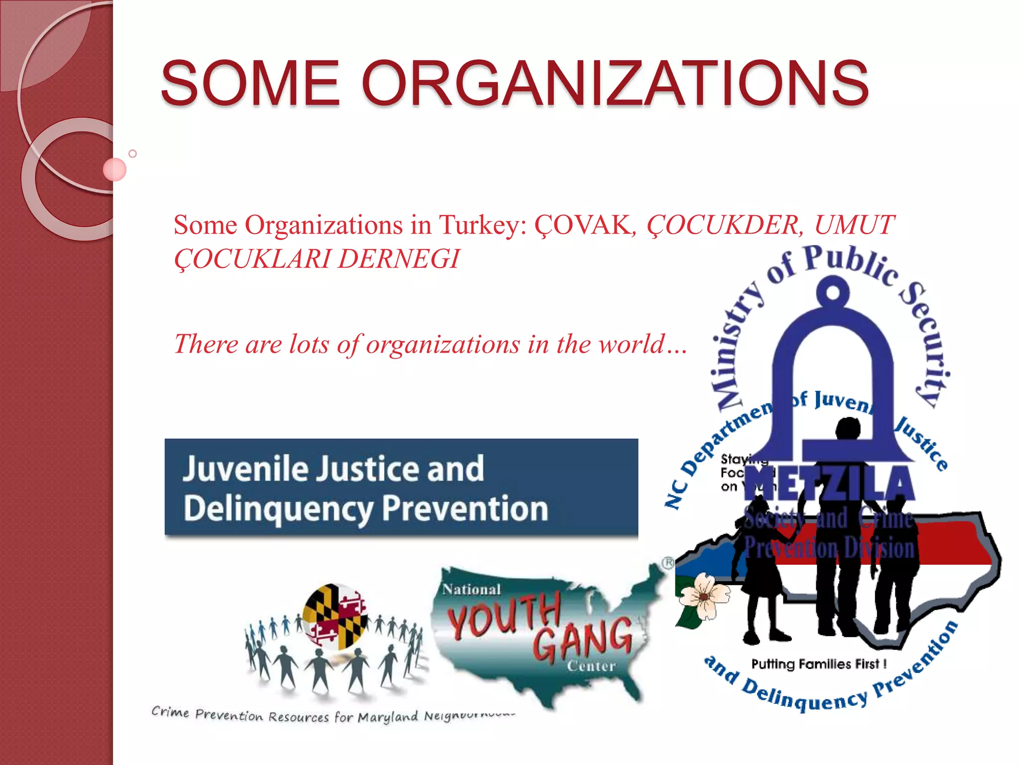 SOME ORGANIZATIONS
Some Organizations in Turkey: ÇOVAK, ÇOCUKDER, UMUT
ÇOCUKLARI DERNEGI
There are lots of organizations in the world…
 