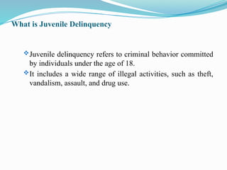What is Juvenile Delinquency
Juvenile delinquency refers to criminal behavior committed
by individuals under the age of 18.
It includes a wide range of illegal activities, such as theft,
vandalism, assault, and drug use.
 