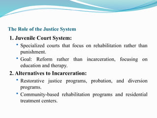 The Role of the Justice System
1. Juvenile Court System:
 Specialized courts that focus on rehabilitation rather than
punishment.
 Goal: Reform rather than incarceration, focusing on
education and therapy.
2. Alternatives to Incarceration:
 Restorative justice programs, probation, and diversion
programs.
 Community-based rehabilitation programs and residential
treatment centers.
 