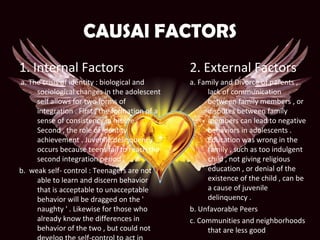 CAUSAl FACTORS
1. Internal Factors
a. The crisis of identity : biological and
sociological changes in the adolescent
self allows for two forms of
integration . First , the formation of a
sense of consistency in his life .
Second , the role of identity
achievement . Juvenile delinquency
occurs because teens fail to reach the
second integration period .
b. weak self- control : Teenagers are not
able to learn and discern behavior
that is acceptable to unacceptable
behavior will be dragged on the '
naughty ' . Likewise for those who
already know the differences in
behavior of the two , but could not
2. External Factors
a. Family and Divorce of parents ,
lack of communication
between family members , or
disputes between family
members can lead to negative
behaviors in adolescents .
Education was wrong in the
family , such as too indulgent
child , not giving religious
education , or denial of the
existence of the child , can be
a cause of juvenile
delinquency .
b. Unfavorable Peers
c. Communities and neighborhoods
that are less good
 