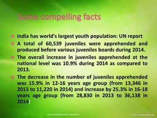  India has world's largest youth population: UN report
 A total of 60,539 juveniles were apprehended and
produced before various juveniles boards during 2014.
 The overall increase in juveniles apprehended at the
national level was 10.9% during 2014 as compared to
2013.
 The decrease in the number of juveniles apprehended
was 15.9% in 12-16 years age group (from 13,346 in
2013 to 11,220 in 2014) and increase by 25.3% in 16-18
years age group (from 28,830 in 2013 to 36,138 in
2014)
NOIDA INTERNATIONAL UNIVERSITY
 