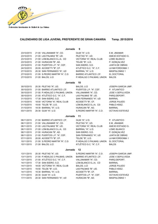 CALENDARIO DE LIGA JUVENIL PREFERENTE DE GRAN CANARIA Temp. 2015/2016
Jornada 9
23/10/2015 21:00 VALLINAMAR "A", CD. GUIA "A", U.D. E.M. JINAMAR
23/10/2015 21:00 LAS PALMAS "B", UD. PILETAS "A", UD. ANEXO ESTADIO G.
23/10/2015 21:00 LOM.BLANCO S.J.A, CD VICTORIA "A", REAL CLUB LOMO BLANCO
23/10/2015 21:00 HURACAN "B", AD. TELDE "B", U.D. P. GONÇALVEZ
23/10/2015 21:00 PUERTOS L.P. "A", CEF. SAN ISIDRO, S.D. JUNTA DE OBRAS
24/10/2015 20:00 ACODETTI "B", CF. ATLÉTICO G.C. "A", C.F. LA MAYORDOMIA 1
27/10/2015 20:30 SAN FERNANDO "A", UD BARRIAL "A", U.D. MASPALOMAS 1
27/10/2015 21:00 S.PEDRO MARTIR "A", C.D. BARRIO ATLANTICO ,CF. EL DOCTORAL
27/10/2015 21:00 BALOS, U.D P.HIDALGO 3 PALMAS, UNION BALOS
Jornada 10
30/10/2015 20:30 PILETAS "A", UD. BALOS, U.D JOSEPH GARCIA UMP.
30/10/2015 21:00 BARRIO ATLANTICO ,CF. PUERTOS L.P. "A", CEF. P. ATLANTICO
30/10/2015 21:00 P.HIDALGO 3 PALMAS, UNION VALLINAMAR "A", CD. JOSE V.SEPULVEDA
30/10/2015 21:00 ATLÉTICO G.C. "A", C.F. LAS PALMAS "B", UD. PARQ.DEPORT.
31/10/2015 17:30 SAN ISIDRO, S.D. SAN FERNANDO "A", UD BARRIAL
31/10/2015 18:00 VICTORIA "A", REAL CLUB ACODETTI "B", CF. JORGE PULIDO
31/10/2015 19:00 TELDE "B", U.D. LOM.BLANCO S.J.A, CD PABLO HDEZ.
31/10/2015 19:30 BARRIAL "A", U.D. HURACAN "B", AD. BARRIAL
03/11/2015 20:30 GUIA "A", U.D. S.PEDRO MARTIR "A", C.D. OCTAVIO ESTEVEZ
Jornada 11
06/11/2015 21:00 BARRIO ATLANTICO ,CF. GUIA "A", U.D. P. ATLANTICO
06/11/2015 21:00 VALLINAMAR "A", CD. PILETAS "A", UD. E.M. JINAMAR
06/11/2015 21:00 LAS PALMAS "B", UD. VICTORIA "A", REAL CLUB ANEXO ESTADIO G.
06/11/2015 21:00 LOM.BLANCO S.J.A, CD BARRIAL "A", U.D. LOMO BLANCO
06/11/2015 21:00 HURACAN "B", AD. SAN ISIDRO, S.D. P. GONÇALVEZ
06/11/2015 21:00 PUERTOS L.P. "A", CEF. SAN FERNANDO "A", UD JUNTA DE OBRAS
07/11/2015 20:00 ACODETTI "B", CF. TELDE "B", U.D. LA MAYORDOMIA 1
10/11/2015 21:00 S.PEDRO MARTIR "A", C.D. P.HIDALGO 3 PALMAS, UNION EL DOCTORAL
10/11/2015 21:00 BALOS, U.D ATLÉTICO G.C. "A", C.F. BALOS
Jornada 12
13/11/2015 20:30 PILETAS "A", UD. S.PEDRO MARTIR "A", C.D. JOSEPH GARCIA UMP.
13/11/2015 21:00 P.HIDALGO 3 PALMAS, UNION BARRIO ATLANTICO ,CF. JOSE V.SEPULVEDA
13/11/2015 21:00 ATLÉTICO G.C. "A", C.F. VALLINAMAR "A", CD. PARQ.DEPORT.
14/11/2015 17:30 SAN ISIDRO, S.D. LOM.BLANCO S.J.A, CD BARRIAL
14/11/2015 18:00 VICTORIA "A", REAL CLUB BALOS, U.D JORGE PULIDO
14/11/2015 19:00 TELDE "B", U.D. LAS PALMAS "B", UD. PABLO HDEZ.
14/11/2015 19:30 BARRIAL "A", U.D. ACODETTI "B", CF. BARRIAL
17/11/2015 20:30 GUIA "A", U.D. PUERTOS L.P. "A", CEF. OCTAVIO ESTEVEZ
17/11/2015 20:30 SAN FERNANDO "A", UD HURACAN "B", AD. MASPALOMAS 1
 