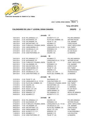 Página 5 de 9
LIGA 1ª JUVENIL GRAN CANARIA GRUPO 2
Temp. 2013-2014
CALENDARIO DE LIGA 1ª JUVENIL GRAN CANARIA GRUPO 2
Jornada 17
16/01/2014 20:30 POL.ARINAGA, C.F. ACODETTI "C", C.F. POL.RES.ARINAGA
17/01/2014 21:00 SALESIANOS, CP. PLAYA DEL HOMBRE, CD. ANTONIO ROJAS
18/01/2014 17:00 VALLINAMAR, CD. TELDE "C", UD. E.M. JINAMAR
18/01/2014 18:00 SAN ANTONIO, U.D. AGUIMES C.F. LOPEZ SOCAS
18/01/2014 18:00 P.HIDALGO 3 PALMAS, UNION ARINAGA, C.D. JOSE V.SEPULVEDA
18/01/2014 19:00 UNION MARINA, CF. LOM.BLANCO S.J.A, "A" CD M.M. "NAÑO"
21/01/2014 20:30 VALSEQUILLO, U.D. DORAMAS, C.D. VALSEQUILLO
21/01/2014 20:30 VELEZ, U.D. LOS INGENIO, C.D. M. LOS VELEZ
21/01/2014 21:00 CASA PASTORES, CF. CALERO, CD. LA MADERA
Jornada 18
23/01/2014 20:30 POL.ARINAGA, C.F. AGUIMES C.F. POL.RES.ARINAGA
24/01/2014 21:00 SALESIANOS, CP. LOM.BLANCO S.J.A, "A" CD ANTONIO ROJAS
24/01/2014 21:00 P.HIDALGO 3 PALMAS, UNION CALERO, CD. JOSE V.SEPULVEDA
25/01/2014 17:00 VALLINAMAR, CD. DORAMAS, C.D. E.M. JINAMAR
25/01/2014 18:00 SAN ANTONIO, U.D. ARINAGA, C.D. LOPEZ SOCAS
25/01/2014 19:00 UNION MARINA, CF. TELDE "C", UD. M.M. "NAÑO"
25/01/2014 20:00 ACODETTI "C", C.F. INGENIO, C.D. LA MAYORDOMIA 1
28/01/2014 20:30 VALSEQUILLO, U.D. VELEZ, U.D. LOS VALSEQUILLO
28/01/2014 21:00 CASA PASTORES, CF. PLAYA DEL HOMBRE, CD. LA MADERA
Jornada 19
31/01/2014 21:00 TELDE "C", UD. SALESIANOS, CP. PABLO HDEZ.
31/01/2014 21:00 LOM.BLANCO S.J.A, "A" CD CASA PASTORES, CF. LOMO BLANCO
31/01/2014 21:00 PLAYA DEL HOMBRE, CD. P.HIDALGO 3 PALMAS, UNION M.M. "NAÑO"
31/01/2014 21:00 CALERO, CD. SAN ANTONIO, U.D. E.M. CALERO
01/02/2014 18:00 INGENIO, C.D. VALSEQUILLO, U.D. C. HERRERA
04/02/2014 20:30 VELEZ, U.D. LOS VALLINAMAR, CD. M. LOS VELEZ
04/02/2014 20:30 DORAMAS, C.D. UNION MARINA, CF. C.ARINAGA
04/02/2014 20:30 ARINAGA, C.D. POL.ARINAGA, C.F. MCPAL.DE ARINAGA
04/02/2014 20:30 AGUIMES C.F. ACODETTI "C", C.F. LAS CRUCITAS
Jornada 20
06/02/2014 20:30 POL.ARINAGA, C.F. CALERO, CD. POL.RES.ARINAGA
07/02/2014 21:00 SALESIANOS, CP. DORAMAS, C.D. ANTONIO ROJAS
07/02/2014 21:00 P.HIDALGO 3 PALMAS, UNION LOM.BLANCO S.J.A, "A" CD JOSE V.SEPULVEDA
08/02/2014 17:00 VALLINAMAR, CD. VALSEQUILLO, U.D. E.M. JINAMAR
08/02/2014 18:00 SAN ANTONIO, U.D. PLAYA DEL HOMBRE, CD. LOPEZ SOCAS
08/02/2014 19:00 UNION MARINA, CF. VELEZ, U.D. LOS M.M. "NAÑO"
08/02/2014 20:00 ACODETTI "C", C.F. ARINAGA, C.D. LA MAYORDOMIA 1
11/02/2014 20:30 AGUIMES C.F. INGENIO, C.D. LAS CRUCITAS
11/02/2014 21:00 CASA PASTORES, CF. TELDE "C", UD. LA MADERA
 