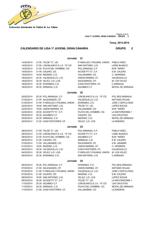 Página 6 de 9
LIGA 1ª JUVENIL GRAN CANARIA GRUPO 2
Temp. 2013-2014
CALENDARIO DE LIGA 1ª JUVENIL GRAN CANARIA GRUPO 2
Jornada 21
14/02/2014 21:00 TELDE "C", UD. P.HIDALGO 3 PALMAS, UNION PABLO HDEZ.
14/02/2014 21:00 LOM.BLANCO S.J.A, "A" CD SAN ANTONIO, U.D. LOMO BLANCO
14/02/2014 21:00 PLAYA DEL HOMBRE, CD. POL.ARINAGA, C.F. M.M. "NAÑO"
14/02/2014 21:00 CALERO, CD. ACODETTI "C", C.F. E.M. CALERO
15/02/2014 18:00 INGENIO, C.D. VALLINAMAR, CD. C. HERRERA
18/02/2014 20:30 VALSEQUILLO, U.D. UNION MARINA, CF. VALSEQUILLO
18/02/2014 20:30 VELEZ, U.D. LOS SALESIANOS, CP. M. LOS VELEZ
18/02/2014 20:30 DORAMAS, C.D. CASA PASTORES, CF. C.ARINAGA
18/02/2014 20:30 ARINAGA, C.D. AGUIMES C.F. MCPAL.DE ARINAGA
Jornada 22
20/02/2014 20:30 POL.ARINAGA, C.F. LOM.BLANCO S.J.A, "A" CD POL.RES.ARINAGA
21/02/2014 21:00 SALESIANOS, CP. VALSEQUILLO, U.D. ANTONIO ROJAS
21/02/2014 21:00 P.HIDALGO 3 PALMAS, UNION DORAMAS, C.D. JOSE V.SEPULVEDA
22/02/2014 18:00 SAN ANTONIO, U.D. TELDE "C", UD. LOPEZ SOCAS
22/02/2014 19:00 UNION MARINA, CF. VALLINAMAR, CD. M.M. "NAÑO"
22/02/2014 20:00 ACODETTI "C", C.F. PLAYA DEL HOMBRE, CD. LA MAYORDOMIA 1
25/02/2014 20:30 AGUIMES C.F. CALERO, CD. LAS CRUCITAS
25/02/2014 20:30 ARINAGA, C.D. INGENIO, C.D. MCPAL.DE ARINAGA
25/02/2014 21:00 CASA PASTORES, CF. VELEZ, U.D. LOS LA MADERA
Jornada 23
28/02/2014 21:00 TELDE "C", UD. POL.ARINAGA, C.F. PABLO HDEZ.
28/02/2014 21:00 LOM.BLANCO S.J.A, "A" CD ACODETTI "C", C.F. LOMO BLANCO
28/02/2014 21:00 PLAYA DEL HOMBRE, CD. AGUIMES C.F. M.M. "NAÑO"
28/02/2014 21:00 CALERO, CD. ARINAGA, C.D. E.M. CALERO
01/03/2014 17:00 VALLINAMAR, CD. SALESIANOS, CP. E.M. JINAMAR
01/03/2014 18:00 INGENIO, C.D. UNION MARINA, CF. C. HERRERA
04/03/2014 20:30 VALSEQUILLO, U.D. CASA PASTORES, CF. VALSEQUILLO
04/03/2014 20:30 VELEZ, U.D. LOS P.HIDALGO 3 PALMAS, UNION M. LOS VELEZ
04/03/2014 20:30 DORAMAS, C.D. SAN ANTONIO, U.D. C.ARINAGA
Jornada 24
06/03/2014 20:30 POL.ARINAGA, C.F. DORAMAS, C.D. POL.RES.ARINAGA
07/03/2014 21:00 SALESIANOS, CP. UNION MARINA, CF. ANTONIO ROJAS
07/03/2014 21:00 P.HIDALGO 3 PALMAS, UNION VALSEQUILLO, U.D. JOSE V.SEPULVEDA
07/03/2014 21:00 CALERO, CD. INGENIO, C.D. E.M. CALERO
08/03/2014 18:00 SAN ANTONIO, U.D. VELEZ, U.D. LOS LOPEZ SOCAS
08/03/2014 20:00 ACODETTI "C", C.F. TELDE "C", UD. LA MAYORDOMIA 1
11/03/2014 20:30 AGUIMES C.F. LOM.BLANCO S.J.A, "A" CD LAS CRUCITAS
11/03/2014 20:30 ARINAGA, C.D. PLAYA DEL HOMBRE, CD. MCPAL.DE ARINAGA
11/03/2014 21:00 CASA PASTORES, CF. VALLINAMAR, CD. LA MADERA
 