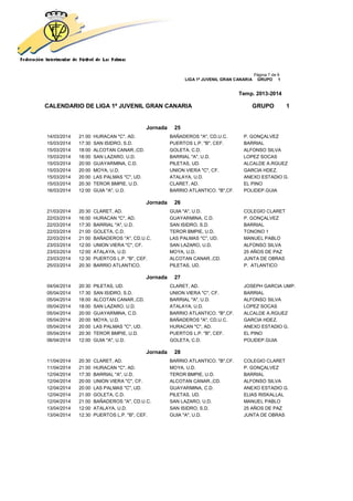 Página 7 de 9
LIGA 1ª JUVENIL GRAN CANARIA GRUPO 1
Temp. 2013-2014
CALENDARIO DE LIGA 1ª JUVENIL GRAN CANARIA GRUPO 1
Jornada 25
14/03/2014 21:00 HURACAN "C", AD. BAÑADEROS "A", CD.U.C. P. GONÇALVEZ
15/03/2014 17:30 SAN ISIDRO, S.D. PUERTOS L.P. "B", CEF. BARRIAL
15/03/2014 18:00 ALCOTAN CANAR.,CD. GOLETA, C.D. ALFONSO SILVA
15/03/2014 18:00 SAN LAZARO, U.D. BARRIAL "A", U.D. LOPEZ SOCAS
15/03/2014 20:00 GUAYARMINA, C.D. PILETAS, UD. ALCALDE A.RGUEZ
15/03/2014 20:00 MOYA, U.D. UNION VIERA "C", CF. GARCIA HDEZ.
15/03/2014 20:00 LAS PALMAS "C", UD. ATALAYA, U.D. ANEXO ESTADIO G.
15/03/2014 20:30 TEROR BMPIE, U.D. CLARET, AD. EL PINO
16/03/2014 12:00 GUIA "A", U.D. BARRIO ATLANTICO. "B",CF. POLIDEP.GUIA
Jornada 26
21/03/2014 20:30 CLARET, AD. GUIA "A", U.D. COLEGIO CLARET
22/03/2014 16:00 HURACAN "C", AD. GUAYARMINA, C.D. P. GONÇALVEZ
22/03/2014 17:30 BARRIAL "A", U.D. SAN ISIDRO, S.D. BARRIAL
22/03/2014 21:00 GOLETA, C.D. TEROR BMPIE, U.D. TONONO 1
22/03/2014 21:00 BAÑADEROS "A", CD.U.C. LAS PALMAS "C", UD. MANUEL PABLO
23/03/2014 12:00 UNION VIERA "C", CF. SAN LAZARO, U.D. ALFONSO SILVA
23/03/2014 12:00 ATALAYA, U.D. MOYA, U.D. 25 AÑOS DE PAZ
23/03/2014 12:30 PUERTOS L.P. "B", CEF. ALCOTAN CANAR.,CD. JUNTA DE OBRAS
25/03/2014 20:30 BARRIO ATLANTICO. PILETAS, UD. P. ATLANTICO
Jornada 27
04/04/2014 20:30 PILETAS, UD. CLARET, AD. JOSEPH GARCIA UMP.
05/04/2014 17:30 SAN ISIDRO, S.D. UNION VIERA "C", CF. BARRIAL
05/04/2014 18:00 ALCOTAN CANAR.,CD. BARRIAL "A", U.D. ALFONSO SILVA
05/04/2014 18:00 SAN LAZARO, U.D. ATALAYA, U.D. LOPEZ SOCAS
05/04/2014 20:00 GUAYARMINA, C.D. BARRIO ATLANTICO. "B",CF. ALCALDE A.RGUEZ
05/04/2014 20:00 MOYA, U.D. BAÑADEROS "A", CD.U.C. GARCIA HDEZ.
05/04/2014 20:00 LAS PALMAS "C", UD. HURACAN "C", AD. ANEXO ESTADIO G.
05/04/2014 20:30 TEROR BMPIE, U.D. PUERTOS L.P. "B", CEF. EL PINO
06/04/2014 12:00 GUIA "A", U.D. GOLETA, C.D. POLIDEP.GUIA
Jornada 28
11/04/2014 20:30 CLARET, AD. BARRIO ATLANTICO. "B",CF. COLEGIO CLARET
11/04/2014 21:00 HURACAN "C", AD. MOYA, U.D. P. GONÇALVEZ
12/04/2014 17:30 BARRIAL "A", U.D. TEROR BMPIE, U.D. BARRIAL
12/04/2014 20:00 UNION VIERA "C", CF. ALCOTAN CANAR.,CD. ALFONSO SILVA
12/04/2014 20:00 LAS PALMAS "C", UD. GUAYARMINA, C.D. ANEXO ESTADIO G.
12/04/2014 21:00 GOLETA, C.D. PILETAS, UD. ELIAS RISKALLAL
12/04/2014 21:00 BAÑADEROS "A", CD.U.C. SAN LAZARO, U.D. MANUEL PABLO
13/04/2014 12:00 ATALAYA, U.D. SAN ISIDRO, S.D. 25 AÑOS DE PAZ
13/04/2014 12:30 PUERTOS L.P. "B", CEF. GUIA "A", U.D. JUNTA DE OBRAS
 