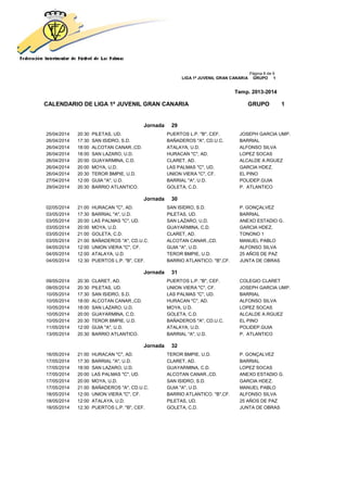 Página 8 de 9
LIGA 1ª JUVENIL GRAN CANARIA GRUPO 1
Temp. 2013-2014
CALENDARIO DE LIGA 1ª JUVENIL GRAN CANARIA GRUPO 1
Jornada 29
25/04/2014 20:30 PILETAS, UD. PUERTOS L.P. "B", CEF. JOSEPH GARCIA UMP.
26/04/2014 17:30 SAN ISIDRO, S.D. BAÑADEROS "A", CD.U.C. BARRIAL
26/04/2014 18:00 ALCOTAN CANAR.,CD. ATALAYA, U.D. ALFONSO SILVA
26/04/2014 18:00 SAN LAZARO, U.D. HURACAN "C", AD. LOPEZ SOCAS
26/04/2014 20:00 GUAYARMINA, C.D. CLARET, AD. ALCALDE A.RGUEZ
26/04/2014 20:00 MOYA, U.D. LAS PALMAS "C", UD. GARCIA HDEZ.
26/04/2014 20:30 TEROR BMPIE, U.D. UNION VIERA "C", CF. EL PINO
27/04/2014 12:00 GUIA "A", U.D. BARRIAL "A", U.D. POLIDEP.GUIA
29/04/2014 20:30 BARRIO ATLANTICO. GOLETA, C.D. P. ATLANTICO
Jornada 30
02/05/2014 21:00 HURACAN "C", AD. SAN ISIDRO, S.D. P. GONÇALVEZ
03/05/2014 17:30 BARRIAL "A", U.D. PILETAS, UD. BARRIAL
03/05/2014 20:00 LAS PALMAS "C", UD. SAN LAZARO, U.D. ANEXO ESTADIO G.
03/05/2014 20:00 MOYA, U.D. GUAYARMINA, C.D. GARCIA HDEZ.
03/05/2014 21:00 GOLETA, C.D. CLARET, AD. TONONO 1
03/05/2014 21:00 BAÑADEROS "A", CD.U.C. ALCOTAN CANAR.,CD. MANUEL PABLO
04/05/2014 12:00 UNION VIERA "C", CF. GUIA "A", U.D. ALFONSO SILVA
04/05/2014 12:00 ATALAYA, U.D. TEROR BMPIE, U.D. 25 AÑOS DE PAZ
04/05/2014 12:30 PUERTOS L.P. "B", CEF. BARRIO ATLANTICO. "B",CF. JUNTA DE OBRAS
Jornada 31
09/05/2014 20:30 CLARET, AD. PUERTOS L.P. "B", CEF. COLEGIO CLARET
09/05/2014 20:30 PILETAS, UD. UNION VIERA "C", CF. JOSEPH GARCIA UMP.
10/05/2014 17:30 SAN ISIDRO, S.D. LAS PALMAS "C", UD. BARRIAL
10/05/2014 18:00 ALCOTAN CANAR.,CD. HURACAN "C", AD. ALFONSO SILVA
10/05/2014 18:00 SAN LAZARO, U.D. MOYA, U.D. LOPEZ SOCAS
10/05/2014 20:00 GUAYARMINA, C.D. GOLETA, C.D. ALCALDE A.RGUEZ
10/05/2014 20:30 TEROR BMPIE, U.D. BAÑADEROS "A", CD.U.C. EL PINO
11/05/2014 12:00 GUIA "A", U.D. ATALAYA, U.D. POLIDEP.GUIA
13/05/2014 20:30 BARRIO ATLANTICO. BARRIAL "A", U.D. P. ATLANTICO
Jornada 32
16/05/2014 21:00 HURACAN "C", AD. TEROR BMPIE, U.D. P. GONÇALVEZ
17/05/2014 17:30 BARRIAL "A", U.D. CLARET, AD. BARRIAL
17/05/2014 18:00 SAN LAZARO, U.D. GUAYARMINA, C.D. LOPEZ SOCAS
17/05/2014 20:00 LAS PALMAS "C", UD. ALCOTAN CANAR.,CD. ANEXO ESTADIO G.
17/05/2014 20:00 MOYA, U.D. SAN ISIDRO, S.D. GARCIA HDEZ.
17/05/2014 21:00 BAÑADEROS "A", CD.U.C. GUIA "A", U.D. MANUEL PABLO
18/05/2014 12:00 UNION VIERA "C", CF. BARRIO ATLANTICO. "B",CF. ALFONSO SILVA
18/05/2014 12:00 ATALAYA, U.D. PILETAS, UD. 25 AÑOS DE PAZ
18/05/2014 12:30 PUERTOS L.P. "B", CEF. GOLETA, C.D. JUNTA DE OBRAS
 