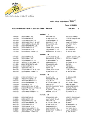Página 5 de 9
LIGA 1ª JUVENIL GRAN CANARIA GRUPO 1
Temp. 2013-2014
CALENDARIO DE LIGA 1ª JUVENIL GRAN CANARIA GRUPO 1
Jornada 17
17/01/2014 20:30 CLARET, AD. ATALAYA, U.D. COLEGIO CLARET
17/01/2014 20:30 PILETAS, UD. HURACAN "C", AD. JOSEPH GARCIA UMP.
18/01/2014 17:30 SAN ISIDRO, S.D. GUAYARMINA, C.D. BARRIAL
18/01/2014 18:00 PUERTOS L.P. "B", CEF. BARRIAL "A", U.D. JUNTA DE OBRAS
18/01/2014 18:00 ALCOTAN CANAR.,CD. SAN LAZARO, U.D. ALFONSO SILVA
18/01/2014 20:30 TEROR BMPIE, U.D. MOYA, U.D. EL PINO
18/01/2014 21:00 GOLETA, C.D. UNION VIERA "C", CF. ELIAS RISKALLAL
19/01/2014 12:00 GUIA "A", U.D. LAS PALMAS "C", UD. POLIDEP.GUIA
21/01/2014 20:30 BARRIO ATLANTICO. BAÑADEROS "A", CD.U.C. P. ATLANTICO
Jornada 18
24/01/2014 20:30 PILETAS, UD. LAS PALMAS "C", UD. JOSEPH GARCIA UMP.
24/01/2014 20:30 CLARET, AD. BAÑADEROS "A", CD.U.C. COLEGIO CLARET
25/01/2014 17:30 BARRIAL "A", U.D. GUAYARMINA, C.D. BARRIAL
25/01/2014 18:00 ALCOTAN CANAR.,CD. SAN ISIDRO, S.D. ALFONSO SILVA
25/01/2014 20:30 TEROR BMPIE, U.D. SAN LAZARO, U.D. EL PINO
25/01/2014 21:00 GOLETA, C.D. ATALAYA, U.D. TONONO 1
26/01/2014 12:00 GUIA "A", U.D. MOYA, U.D. POLIDEP.GUIA
26/01/2014 12:30 PUERTOS L.P. "B", CEF. UNION VIERA "C", CF. JUNTA DE OBRAS
28/01/2014 20:30 BARRIO ATLANTICO. HURACAN "C", AD. P. ATLANTICO
Jornada 19
31/01/2014 21:00 HURACAN "C", AD. CLARET, AD. P. GONÇALVEZ
01/02/2014 17:30 SAN ISIDRO, S.D. TEROR BMPIE, U.D. BARRIAL
01/02/2014 18:00 SAN LAZARO, U.D. GUIA "A", U.D. LOPEZ SOCAS
01/02/2014 20:00 GUAYARMINA, C.D. ALCOTAN CANAR.,CD. ALCALDE A.RGUEZ
01/02/2014 20:00 MOYA, U.D. PILETAS, UD. GARCIA HDEZ.
01/02/2014 20:00 LAS PALMAS "C", UD. BARRIO ATLANTICO. "B",CF. ANEXO ESTADIO G.
01/02/2014 21:00 BAÑADEROS "A", CD.U.C. GOLETA, C.D. MANUEL PABLO
02/02/2014 12:00 ATALAYA, U.D. PUERTOS L.P. "B", CEF. 25 AÑOS DE PAZ
02/02/2014 12:00 UNION VIERA "C", CF. BARRIAL "A", U.D. ALFONSO SILVA
Jornada 20
07/02/2014 20:30 PILETAS, UD. SAN LAZARO, U.D. JOSEPH GARCIA UMP.
07/02/2014 20:30 CLARET, AD. LAS PALMAS "C", UD. COLEGIO CLARET
08/02/2014 17:30 BARRIAL "A", U.D. ATALAYA, U.D. BARRIAL
08/02/2014 20:30 TEROR BMPIE, U.D. ALCOTAN CANAR.,CD. EL PINO
08/02/2014 21:00 GOLETA, C.D. HURACAN "C", AD. ELIAS RISKALLAL
09/02/2014 12:00 GUIA "A", U.D. SAN ISIDRO, S.D. POLIDEP.GUIA
09/02/2014 12:00 UNION VIERA "C", CF. GUAYARMINA, C.D. ALFONSO SILVA
09/02/2014 12:30 PUERTOS L.P. "B", CEF. BAÑADEROS "A", CD.U.C. JUNTA DE OBRAS
11/02/2014 20:30 BARRIO ATLANTICO. MOYA, U.D. P. ATLANTICO
 