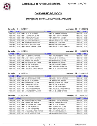 ASSOCIAÇÃO DE FUTEBOL DE SETÚBAL                                                 Época de    2011     / 12


                                           CALENDÁRIO DE JOGOS

                                CAMPEONATO DISTRITAL DE JUVENIS DA 1ª DIVISÃO




Jornada:     9 - 04/12/2011                                                                         Jornada: 22 - 01/04/2012
 JOGO        HORA                                         CLUBES                                                 JOGO      HORA
115.00.057   10:30   0749   -   G. D. DE SESIMBRA               0290       -   C. D.PINHALNOVENSE             115.00.148    10:30
115.00.058   10:30   0019   -   ALMADA ATL. CLUBE               0702       -   GD P COSTA CAPARICA            115.00.149    10:30
115.00.059   10:30   0937   -   SEIXAL FUT. CLUBE               0157       -   BEIRA MAR ALMADA               115.00.150    10:30
115.00.060   10:30   2331   -   C.D. OS PELEZINHOS              0630       -   G. DESPORTIVO FABRIL           115.00.151    10:30
115.00.061   10:30   1491   -   GINASIO C.CORROIOS              1908       -   G.D.R. "PORTUGAL"              115.00.152    10:30
115.00.062   10:30   0579   -   G. D. ALCOCHETENSE              0410       -   G.D.R. O SINDICATO             115.00.153    10:30
115.00.063   10:30   1910   -   GRUPO DESP.ALFARIM              5100       -   CLUBE OLIMPICO MONTIJO         115.00.154    10:30


Jornada: 10 - 11/12/2011                                                                            Jornada: 23 - 15/04/2012
 JOGO        HORA                                         CLUBES                                                 JOGO      HORA
115.00.064   10:30   0290   -   C. D.PINHALNOVENSE              1910       -   GRUPO DESP.ALFARIM             115.00.155    10:30
115.00.065   10:30   0702   -   GD P COSTA CAPARICA             0749       -   G. D. DE SESIMBRA              115.00.156    10:30
115.00.066   10:30   0157   -   BEIRA MAR ALMADA                0019       -   ALMADA ATL. CLUBE              115.00.157    10:30
115.00.067   10:30   0630   -   G. DESPORTIVO FABRIL            0937       -   SEIXAL FUT. CLUBE              115.00.158    10:30
115.00.068   10:30   1908   -   G.D.R. "PORTUGAL"               2331       -   C.D. OS PELEZINHOS             115.00.159    10:30
115.00.069   10:30   0410   -   G.D.R. O SINDICATO              1491       -   GINASIO C.CORROIOS             115.00.160    10:30
115.00.070   10:30   5100   -   CLUBE OLIMPICO MONTIJO          0579       -   G. D. ALCOCHETENSE             115.00.161    10:30


Jornada: 11 - 18/12/2011                                                                            Jornada: 24 - 22/04/2012
 JOGO        HORA                                         CLUBES                                                 JOGO      HORA
115.00.071   10:30   0290   -   C. D.PINHALNOVENSE              0702       -   GD P COSTA CAPARICA            115.00.162    10:30
115.00.072   10:30   0749   -   G. D. DE SESIMBRA               0157       -   BEIRA MAR ALMADA               115.00.163    10:30
115.00.073   10:30   0019   -   ALMADA ATL. CLUBE               0630       -   G. DESPORTIVO FABRIL           115.00.164    10:30
115.00.074   10:30   0937   -   SEIXAL FUT. CLUBE               1908       -   G.D.R. "PORTUGAL"              115.00.165    10:30
115.00.075   10:30   2331   -   C.D. OS PELEZINHOS              0410       -   G.D.R. O SINDICATO             115.00.166    10:30
115.00.076   10:30   1491   -   GINASIO C.CORROIOS              5100       -   CLUBE OLIMPICO MONTIJO         115.00.167    10:30
115.00.077   10:30   1910   -   GRUPO DESP.ALFARIM              0579       -   G. D. ALCOCHETENSE             115.00.168    10:30


Jornada: 12 - 08/01/2012                                                                            Jornada: 25 - 29/04/2012
 JOGO        HORA                                         CLUBES                                                 JOGO      HORA
115.00.078   10:30   1910   -   GRUPO DESP.ALFARIM              0702       -   GD P COSTA CAPARICA            115.00.169    10:30
115.00.079   10:30   0157   -   BEIRA MAR ALMADA                0290       -   C. D.PINHALNOVENSE             115.00.170    10:30
115.00.080   10:30   0630   -   G. DESPORTIVO FABRIL            0749       -   G. D. DE SESIMBRA              115.00.171    10:30
115.00.081   10:30   1908   -   G.D.R. "PORTUGAL"               0019       -   ALMADA ATL. CLUBE              115.00.172    10:30
115.00.082   10:30   0410   -   G.D.R. O SINDICATO              0937       -   SEIXAL FUT. CLUBE              115.00.173    10:30
115.00.083   10:30   5100   -   CLUBE OLIMPICO MONTIJO          2331       -   C.D. OS PELEZINHOS             115.00.174    10:30
115.00.084   10:30   0579   -   G. D. ALCOCHETENSE              1491       -   GINASIO C.CORROIOS             115.00.175    10:30




                                                       Pag. :   3      /        4                            20-AGOSTO-2011
 