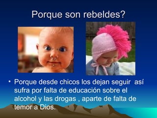 Porque son rebeldes? Porque desde chicos los dejan seguir  así sufra por falta de educación sobre el alcohol y las drogas , aparte de falta de temor a Dios.  