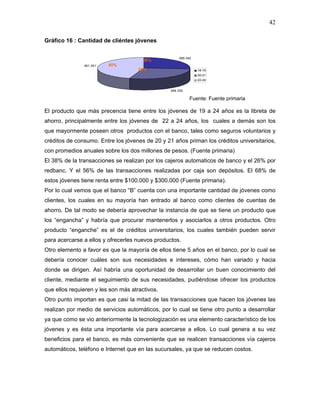 42

Gráfico 16 : Cantidad de cliéntes jóvenes

                                                     269.342
                                       26%
               461.351   45%
                                     29%                       18-19
                                                               20-21
                                                               22-24


                                                 294.330

                                                           Fuente: Fuente primaria

El producto que más precencia tiene entre los jóvenes de 19 a 24 años es la libreta de
ahorro, principalmente entre los jóvenes de 22 a 24 años, los cuales a demás son los
que mayormente poseen otros productos con el banco, tales como seguros voluntarios y
créditos de consumo. Entre los jóvenes de 20 y 21 años priman los créditos universitarios,
con promedios anuales sobre los dos millones de pesos. (Fuente primaria)
El 38% de la transacciones se realizan por los cajeros automaticos de banco y el 26% por
redbanc. Y el 56% de las transacciones realizadas por caja son depósitos. El 68% de
estos jóvenes tiene renta entre $100.000 y $300.000 (Fuente primaria).
Por lo cual vemos que el banco “B” cuenta con una importante cantidad de jóvenes como
clientes, los cuales en su mayoría han entrado al banco como clientes de cuentas de
ahorro. De tal modo se debería aprovechar la instancia de que se tiene un producto que
los “engancha” y habría que procurar mantenerlos y asociarlos a otros productos. Otro
producto “enganche” es el de créditos universitarios, los cuales también pueden servir
para acercarse a ellos y ofrecerles nuevos productos.
Otro elemento a favor es que la mayoría de ellos tiene 5 años en el banco, por lo cual se
debería conocer cuáles son sus necesidades e intereses, cómo han variado y hacia
donde se dirigen. Así habría una oportunidad de desarrollar un buen conocimiento del
cliente, mediante el seguimiento de sus necesidades, pudiéndose ofrecer los productos
que ellos requieren y les son más atractivos.
Otro punto importan es que casi la mitad de las transacciones que hacen los jóvenes las
realizan por medio de servicios automáticos, por lo cual se tiene otro punto a desarrollar
ya que como se vio anteriormente la tecnologización es una elemento característico de los
jóvenes y es ésta una importante vía para acercarse a ellos. Lo cual genera a su vez
beneficios para el banco, es más conveniente que se realicen transacciones vía cajeros
automáticos, teléfono e Internet que en las sucursales, ya que se reducen costos.
 