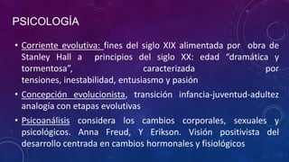 PSICOLOGÍA
• Corriente evolutiva: fines del siglo XIX alimentada por obra de
Stanley Hall a principios del siglo XX: edad “dramática y
tormentosa”, caracterizada por
tensiones, inestabilidad, entusiasmo y pasión
• Concepción evolucionista, transición infancia-juventud-adultez
analogía con etapas evolutivas
• Psicoanálisis considera los cambios corporales, sexuales y
psicológicos. Anna Freud, Y Erikson. Visión positivista del
desarrollo centrada en cambios hormonales y fisiológicos
 