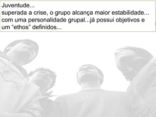 Juventude...
superada a crise, o grupo alcança maior estabilidade...
com uma personalidade grupal...já possui objetivos e
um “ethos” definidos...
 