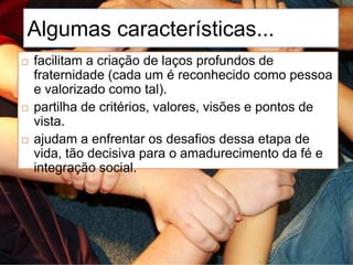Algumas características...
   facilitam a criação de laços profundos de
    fraternidade (cada um é reconhecido como pessoa
    e valorizado como tal).
   partilha de critérios, valores, visões e pontos de
    vista.
   ajudam a enfrentar os desafios dessa etapa de
    vida, tão decisiva para o amadurecimento da fé e
    integração social.
 