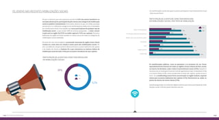 149148 Os EIXOS da pesquisa
Os jovens nas recentes mobilizações sociais
Há que se destacar que uma expressiva parcela de 62% dos jovens brasileiros co-
nectados declara já ter participado de pelo menos uma categoria de mobilização
social ou política recentemente. Entre estes, observa-se que, em média, participa-
ram de entre 2 e 3 diferentes categorias de manifestação (a média é de 2,8 atividades
por manifestante ativo). Entre aqueles que nunca participaram de qualquer tipo de
mobilização social – e que somam 38% do universo pesquisado – a maior concen-
tração está na região Sul (53% na média regional e 54% nas capitais). Os jovens
habitantes da região Sul foram também os menos ativos em todas as categorias de
mobilizações sociais analisadas.
Do ponto de vista macrorregional, a juventude conectada da região Centro-Oeste
revelou-se a mais ativa em relação à maior parte das mobilizações sociais. Po-
rém, na análise do comportamento diferencial entre os jovens habitantes de capitais
e de cidades do interior, o Sudeste foi o que concentrou os maiores índices de
mobilização social de todo o País para os jovens moradores de suas capitais.
As manifestações públicas, como as passeatas e os protestos de rua, foram
equivalentemente intensas em todas as regiões e áreas urbanas do País, exceto
no interior do Nordeste, onde o índice é sensivelmente menor (25%). Doações fi-
nanceiras de um modo geral mostram nível de significância maior no Nordeste (22%)
e no Centro-Oeste (21%), tanto considerando as áreas das capitais, quanto as do in-
terior. Já o crowdfunding mostra forte concentração na região Sudeste, especial-
mente para os jovens habitantes das capitais (12%). Destacaram-se, ainda, os
jovens do interior do Centro-Oeste (13%).
Quando perguntados se conheciam alguém próximo que tivesse participado de mobi-
lizações sociais, 65% dos jovens disseram que sim.
As manifestações sociais das quais os jovens participaram mais intensamente no pe-
ríodo recente foram:
Participação da juventude conectada brasileira
em mobilizações sociais
38%
62%
Sim
Não
Participação da juventude conectada brasileira
em mobilizações sociais, por tipos de mobilização
41%
59%
38%
62%
31%
25%
20%
18%
7%
93%
82%
75%
80%
69%
Abaixo-assinado/petições
Manifestação pública/passeata/protesto
Debates sobre temas de interesse público
Voluntariado
Greve
Doação financeira
Crowdfunding
Sim
Não
 