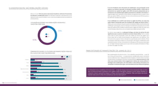 155154 Os EIXOS da pesquisa
Observa-se que 35% dos jovens internautas brasileiros utilizaram ferramentas
da web para a mobilização social. Este indicador é relevante, especialmente se con-
siderarmos que os jovens tendem a usar a internet principalmente para atividades de
entretenimento.
O uso do Facebook como ferramenta de mobilização e de participação social
adquiriu sua máxima expressão no Nordeste brasileiro (96%), e ainda mais in-
tensamente nas capitais da região, onde 100% dos jovens pesquisados que se
envolveram com manifestações públicas declaram ter utilizado a ferramenta. A
segunda região neste ranking foi a Norte (95%), principalmente para os jovens mora-
dores das capitais (98%), e a terceira foi a Sul, com envolvimento de 91% dos jovens e
de 100% dos moradores das capitais.
O uso mobilizador do e-mail foi mais intenso na região Sul (32%), com maior des-
taque relativo concentrado junto aos moradores das cidades do interior (42%). O
Twitter, por sua vez, destacou-se para os jovens do Nordeste (38%) como ferramenta de
mobilização e participação social com destaque sensivelmente acentuado junto aos habi-
tantes das capitais (42%). Também se destacou para a região Sul (34%), mas nesse caso,
o maior destaque relativo ficou com os moradores das cidades do interior (42%).
Em termos macrorregionais, a utilização de blogs e de sites de notícias foi mais
significativa para os jovens moradores do Centro-Oeste (26%). Porém, conside-
rando todas as áreas pesquisadas, jovens das cidades do interior das regiões Sul e
Centro-Oeste têm os índices de participação mais significativo, com idênticos 32%.
Como já era de se esperar, frente à redução de sua penetração social no Brasil, o Orkut
teve pequena importância relativa na comunicação, informação e mobilização social
no período recente. De fato, a ferramenta foi utilizada por 8% dos jovens participan-
tes, com ligeiro destaque apenas para os que vivem nas capitais do Nordeste (13%) e
no interior da região Sul (16%).
Nas manifestações de junho de 2013, e nas realizadas posteriormente – e que de-
las em boa parte decorreram –, o comportamento revelado pelos jovens internautas
mostrou diferentes faces, independentemente do gênero, da faixa etária e da classe
socioeconômica considerada. Ocorreram simultaneamente diversas posturas e opi-
niões, que variaram desde o forte engajamento e defesa das causas políticas e
ideológicas das mobilizações, até o descrédito e a desconfiança não apenas nos
resultados e na eficácia das ações, mas até mesmo em seus efetivos propósitos.
O universo digital nas mobilizações sociais
Para entender as manifestações de junho de 2013
Utilização da internet nas mobilizações sociais pela
juventude conectada
65%
35%
Sim
Não
Ferramentas da web 2.0 utilizadas nas manifestações públicas
pela juventude conectada brasileira 
NãoSim
Facebook
E-mail
Twitter
Blogs/Sites de notícias
Sites de protesto
Orkut
Outros
89%
11%
29%
27%
17%
16%
8%
13%
87%
84%
92%
71%
73%
83% “E começaram com o vandalismo. Aí é outra coisa ... a tropa de choque inteira estava tampando todas as entra-
das; eu estava em frente à prefeitura com a galera, então muita gente começou a correr, porque vândalos co-
meçaram a atacar o pessoal do choque e o choque continuou parado. Aí falamos: ‘Não corre! Quem não estiver
fazendo nada senta no chão e fica sentado que eles vão saber quem é’”.
Focus Group São Paulo	 Focus Group Rio de janeiro
 