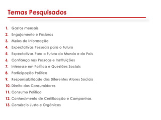 1. Gastos mensais
2. Engajamento e Posturas
3. Meios de Informação
4. Expectativas Pessoais para o Futuro
5. Expectativas Para o Futuro do Mundo e do País
6. Confiança nas Pessoas e Instituições
7. Interesse em Política e Questões Sociais
8. Participação Política
9. Responsabilidade dos Diferentes Atores Sociais
10. Direito dos Consumidores
11. Consumo Político
12. Conhecimento de Certificação e Campanhas
13. Comércio Justo e Orgânicos
 