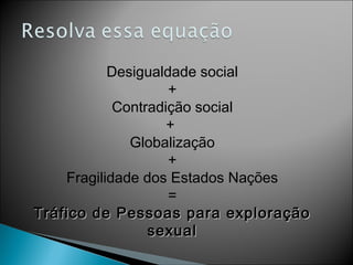 Desigualdade social
                    +
            Contradição social
                    +
              Globalização
                    +
    Fragilidade dos Estados Nações
                    =
Tráfico de Pessoas para exploração
                 sexual
 