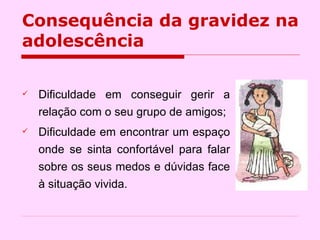 Consequência da gravidez na adolescência Dificuldade em conseguir gerir a relação com o seu grupo de amigos; Dificuldade em encontrar um espaço onde se sinta confortável para falar sobre os seus medos e dúvidas face à situação vivida.  