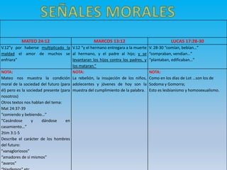 MATEO 24:12 MARCOS 13:12 LUCAS 17:28-30
V.12”y por haberse multiplicado la
maldad el amor de muchos se
enfriara”
V.12 “y el hermano entregara a la muerte
al hermano, y el padre al hijo; y se
levantaran los hijos contra los padres, y
los mataran.”
V. 28-30 “comían, bebían…”
“compraban, vendían…”
“plantaban, edificaban…”
NOTA:
Mateo nos muestra la condición
moral de la sociedad del futuro (para
él) pero es la sociedad presente (para
nosotros)
Otros textos nos hablan del tema:
Mat 24:37-39
“comiendo y bebiendo…”
“Casándose y dándose en
casamiento…”
2tim 3:1-5
Describe el carácter de los hombres
del futuro:
”vanagloriosos”
“amadores de sí mismos”
“avaros”
NOTA:
La rebelión, la insujeción de los niños,
adolecentes y jóvenes de hoy son la
muestra del cumplimiento de la palabra.
NOTA:
Como en los días de Lot …son los de
Sodoma y Gomorra;
Esto es lesbianismo y homosexualismo.
 