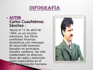    AUTOR
    Carlos Cuauhtémoc
    Sánchez :
     Nació el 15 de abril de
    1964, es un escritor
    mexicano. Sus libros
    combinan historias
    dramáticas con mensajes
    de desarrollo humano
    basados en principios
    morales católicos. Ha sido
    colaborador en diversos
    foros de radio y televisión
    como especialista en el
    área de formación humana.
 