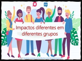 Impactos diferentes em
diferentes grupos
Imagem: Descobrindo a Juventude: Um Novo Olhar Para o Jovem (descobrindocriancas.com.br)
 
