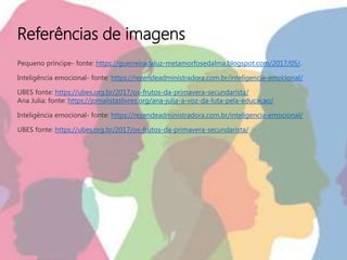 Pequeno príncipe- fonte: https://guerreiradaluz-metamorfosedalma.blogspot.com/2017/05/.
Inteligência emocional- fonte: https://rezendeadministradora.com.br/inteligencia-emocional/
UBES fonte: https://ubes.org.br/2017/os-frutos-da-primavera-secundarista/
Ana Julia: fonte: https://jornalistaslivres.org/ana-julia-a-voz-da-luta-pela-educacao/
Inteligência emocional- fonte: https://rezendeadministradora.com.br/inteligencia-emocional/
UBES fonte: https://ubes.org.br/2017/os-frutos-da-primavera-secundarista/
Referências de imagens
 