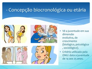 - Concepção biocronológica ou etária


                         Vê a juventude em sua
                         dimensão
                         evolutiva, de
                         crescimento
                         (biológico, psicológico
                         , sociológico).
                         Critério utilizado pela
                         ONU: data a juventude
                         de 14 aos 25 anos.
 