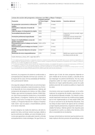 Agustín Salvia | Juventudes, problemas de empleo y riesgos de exclusión social
10
Asimismo, los programas de asistencia condicionados a
contraprestaciones laborales terminan por constituir, en
la mayoría de los casos, formas subsidiadas de flexibiliza-
ción y precarización laboral.
Una segunda categoría diferenciará una serie de progra-
mas de empleo realizados a través de asistencia y fomen-
to al desarrollo de micro emprendimientos. Además del
componente del programa de Jóvenes con Más y Mejor
Trabajo, aquí veremos el programa Jóvenes »Padre Muji-
ca« (que financia proyectos productivos y microcréditos
para jóvenes), el programa »Jóvenes por la Agricultura
Familiar« (que busca el arraigo de los jóvenes en áreas
rurales) y el Programa Nacional de »Apoyo al Empresa-
riado Joven« (que da apoyo a emprendedores jóvenes
en el sector industrial).
En esta categoría, los niveles de cobertura y de éxito lo-
grados han sido y continúan siendo muy bajos, debido a
que los estímulos son débiles, así como limitados los re-
cursos para garantizar una adecuada inversión y brindar
acompañamiento a estas estrategias. De igual forma, se
observa que el éxito de estos programas depende en
gran medida de los recursos sociales y culturales de los
que dispongan los jóvenes beneficiarios. Por eso, estos
programas suelen ser mejor usufructuados por las po-
blaciones con mayor capital educativo y social, los cuales
podrían prescindir de la asistencia pública la mayoría de
las veces.
Una tercera rama que se puede distinguir, es la confor-
mada por los programas de empleo y aprendizaje a tra-
vés de prácticas laborales rentadas. Con relación a estos,
resulta importante mencionar las modificaciones legales
que se han implementado en el área desde 2008, año
en que se sancionó la Ley de Pasantías Educativas. Esta
Ley redujo el plazo máximo de vigencia de los contratos
y exigió mayores prestaciones y regulación sobre las acti-
vidades formativas. Además generó más requisitos para
los pasantes en cuanto a su edad y otros factores, entre
ellos la necesidad de ser estudiantes.
Aunque comúnmente se reconoce que las prácticas ren-
tadas implican efectivos procesos de aprendizaje, suelen
Líneas de acción del programa »Jóvenes con Más y Mejor Trabajo«
Prestación
Estímulo mensual
en Pesos Argen-
tinos
Tiempo máximo Incentivo adicional
Sin prestación-concurrencia a oficinas de
empleo
$225 6 meses
Orientación e inducción al mundo de
trabajo
$450 2 meses
Taller de apoyo a la búsqueda de empleo $450 6 meses
Terminalidad educativa formal $450 Asignación estímulo variable, según
modalidad*
Formación profesional especializada $450 Asignación estímulo desde $150
hasta $900 por mes aprobado
Apoyo a la empleabilidad y cursos de
gestión empresaria
$450 4 meses
Entrenamiento para el trabajo en el sector
público o social
$500 a $750 1 año
Entrenamiento para el trabajo en el sector
privado
$1000** 6 meses
Apoyo a la inserción laboral en el sector
privado
$1000*** 6 meses
Generación de micro emprendimientos $150 9 meses $6000 para capital inicial y $4000
de refuerzo al año de vida
Fuente: Bertranou y Vezza, 2011, según Byk (2011).
* En el sistema gradual de educación, la asignación estímulo se compone de dos pagos anuales de $300 cada uno por conservar la regularidad y un
pago de $600 por aprobación de año o grado. En el sistema modular, la asignación estímulo otorgada por la aprobación de un módulo o trayecto es
de $150, con un máximo de $900 por año calendario.
** El monto que aporta el MTEySS varía en función del tamaño de la empresa: a) la totalidad del importe en el caso de microempresas; b) $700 en el
caso de pymes, y c) $300 en el caso de grandes empresas. El diferencial respecto de $1000 es aportado por el empleador.
*** El MTEySS aporta esta suma como parte del salario de cada joven contratado por una empresa o $500 si el contrato es a tiempo parcial. Si se trata
de la contratación de una mujer el MTEySS aporta $1250 o $650 a partir del cuarto mes de contratación.
 