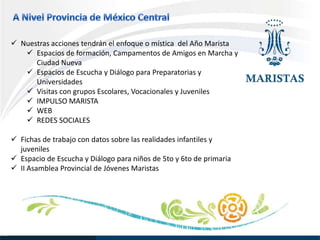  Nuestras acciones tendrán el enfoque o mística del Año Marista
    Espacios de formación, Campamentos de Amigos en Marcha y
      Ciudad Nueva
    Espacios de Escucha y Diálogo para Preparatorias y
      Universidades
    Visitas con grupos Escolares, Vocacionales y Juveniles
    IMPULSO MARISTA
    WEB
    REDES SOCIALES

 Fichas de trabajo con datos sobre las realidades infantiles y
  juveniles
 Espacio de Escucha y Diálogo para niños de 5to y 6to de primaria
 II Asamblea Provincial de Jóvenes Maristas
 