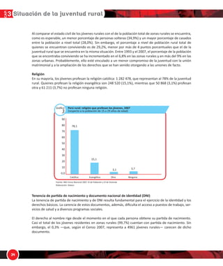 !
1/
!
ů ĐŽŵƉĂƌĂƌ Ğů ĞƐƚĂĚŽ Đŝǀŝů ĚĞ ůŽƐ ũſǀĞŶĞƐ ƌƵƌĂůĞƐ ĐŽŶ Ğů ĚĞ ůĂ ƉŽďůĂĐŝſŶ ƚŽƚĂů ĚĞ ǌŽŶĂƐ ƌƵƌĂůĞƐ ƐĞ ĞŶĐƵĞŶƚƌĂ͕
ĐŽŵŽ ĞƐ ĞƐƉĞƌĂďůĞ͕ ƵŶ ŵĞŶŽƌ ƉŽƌĐĞŶƚĂũĞ ĚĞ ƉĞƌƐŽŶĂƐ ƐŽůƚĞƌĂƐ ;ϯϰ͕ϵйͿ Ǉ ƵŶ ŵĂǇŽƌ ƉŽƌĐĞŶƚĂũĞ ĚĞ ĐĂƐĂĚŽƐ
ĞŶƚƌĞ ůĂ ƉŽďůĂĐŝſŶ Ă ŶŝǀĞů ƚŽƚĂů ;Ϯϴ͕ϬйͿ͘ ^ŝŶ ĞŵďĂƌŐŽ͕ Ğů ƉŽƌĐĞŶƚĂũĞ Ă ŶŝǀĞů ĚĞ ƉŽďůĂĐŝſŶ ƌƵƌĂů ƚŽƚĂů ĚĞ
ƋƵŝĞŶĞƐ ƐĞ ĞŶĐƵĞŶƚƌĂŶ ĐŽŶǀŝǀŝĞŶĚŽ ĞƐ ĚĞ Ϯϵ͕Ϯй͕ ŵĞŶŽƌ ƉŽƌ ŵĄƐ ĚĞ ϰ ƉƵŶƚŽƐ ƉŽƌĐĞŶƚƵĂůĞƐ ƋƵĞ Ğů ĚĞ ůĂ
ũƵǀĞŶƚƵĚ ƌƵƌĂů ƋƵĞ ƐĞ ĞŶĐƵĞŶƚƌĂ ĞŶ ůĂ ŵŝƐŵĂ ƐŝƚƵĂĐŝſŶ͘ ŶƚƌĞ ϭϵϵϯ Ǉ Ğů ϮϬϬϳ͕ Ğů ƉŽƌĐĞŶƚĂũĞ ĚĞ ůĂ ƉŽďůĂĐŝſŶ
ƋƵĞ ƐĞ ĞŶĐŽŶƚƌĂďĂ ĐŽŶǀŝǀŝĞŶĚŽ ƐĞ ŚĂ ŝŶĐƌĞŵĞŶƚĂĚŽ ĞŶ Ğů ϲ͕ϴй ĞŶ ůĂƐ ǌŽŶĂƐ ƌƵƌĂůĞƐ Ǉ ĞŶ ŵĄƐ ĚĞů ϵй ĞŶ ůĂƐ
ǌŽŶĂƐ ƵƌďĂŶĂƐ͘ WƌŽďĂďůĞŵĞŶƚĞ͕ ĞůůŽ ĞƐƚĠ ǀŝŶĐƵůĂĚŽ Ă ƵŶ ŵĞŶŽƌ ĐŽŵƉƌŽŵŝƐŽ ĚĞ ůĂ ũƵǀĞŶƚƵĚ ĐŽŶ ůĂ ƵŶŝſŶ
ŵĂƚƌŝŵŽŶŝĂů Ǉ Ă ůĂ ĂŵƉůŝĂĐŝſŶ ĚĞ ůŽƐ ĚĞƌĞĐŚŽƐ ƋƵĞ ƐĞ ŚĂŶ ǀĞŶŝĚŽ ŽƚŽƌŐĂŶĚŽ Ă ůĂƐ ƵŶŝŽŶĞƐ ĚĞ ĨĂĐƚŽ͘
ZĞůŝŐŝſŶ
Ŷ ƐƵ ŵĂǇŽƌşĂ͕ ůŽƐ ũſǀĞŶĞƐ ƉƌŽĨĞƐĂŶ ůĂ ƌĞůŝŐŝſŶ ĐĂƚſůŝĐĂ͗ ϭ ϮϴϮ ϰϳϴ͕ ƋƵĞ ƌĞƉƌĞƐĞŶƚĂŶ Ăů ϳϴй ĚĞ ůĂ ũƵǀĞŶƚƵĚ
ƌƵƌĂů͘ YƵŝĞŶĞƐ ƉƌŽĨĞƐĂŶ ůĂ ƌĞůŝŐŝſŶ ĞǀĂŶŐĠůŝĐĂ ƐŽŶ Ϯϰϴ ϱϮϬ ;ϭϱ͕ϭйͿ͕ ŵŝĞŶƚƌĂƐ ƋƵĞ ϱϬ ϴϲϴ ;ϯ͕ϭйͿ ƉƌŽĨĞƐĂŶ
ŽƚƌĂ Ǉ ϲϭ Ϯϭϭ ;ϯ͕ϳйͿ ŶŽ ƉƌŽĨĞƐĂŶ ŶŝŶŐƵŶĂ ƌĞůŝŐŝſŶ͘
dĞŶĞŶĐŝĂ ĚĞ ƉĂƌƟĚĂ ĚĞ ŶĂĐŝŵŝĞŶƚŽ Ǉ ĚŽĐƵŵĞŶƚŽ ŶĂĐŝŽŶĂů ĚĞ ŝĚĞŶƟĚĂĚ ;E/Ϳ
Ă ƚĞŶĞŶĐŝĂ ĚĞ ƉĂƌƟĚĂ ĚĞ ŶĂĐŝŵŝĞŶƚŽ Ǉ ĚĞ E/ ƌĞƐƵůƚĂ ĨƵŶĚĂŵĞŶƚĂů ƉĂƌĂ Ğů ĞũĞƌĐŝĐŝŽ ĚĞ ůĂ ŝĚĞŶƟĚĂĚ Ǉ ůŽƐ
ĚĞƌĞĐŚŽƐ ďĄƐŝĐŽƐ͘ Ă ĐĂƌĞŶĐŝĂ ĚĞ ĞƐƚŽƐ ĚŽĐƵŵĞŶƚŽƐ͕ ĂĚĞŵĄƐ͕ ĚŝĮĐƵůƚĂ Ğů ĂĐĐĞƐŽ Ă ƉƵĞƐƚŽƐ ĚĞ ƚƌĂďĂũŽ͕ ƐĞƌͲ
ǀŝĐŝŽƐ ĚĞ ƐĂůƵĚ Ǉ Ă ĚŝǀĞƌƐŽƐ ƉƌŽŐƌĂŵĂƐ ƐŽĐŝĂůĞƐ͘
ů ĚĞƌĞĐŚŽ Ăů ŶŽŵďƌĞ ƌŝŐĞ ĚĞƐĚĞ Ğů ŵŽŵĞŶƚŽ ĞŶ Ğů ƋƵĞ ĐĂĚĂ ƉĞƌƐŽŶĂ ŽďƟĞŶĞ ƐƵ ƉĂƌƟĚĂ ĚĞ ŶĂĐŝŵŝĞŶƚŽ͘
ĂƐŝ Ğů ƚŽƚĂů ĚĞ ůŽƐ ũſǀĞŶĞƐ ƌĞƐŝĚĞŶƚĞƐ ĞŶ ǌŽŶĂƐ ƌƵƌĂůĞƐ ;ϵϵ͕ϳйͿ ĐƵĞŶƚĂŶ ĐŽŶ ƉĂƌƟĚĂ ĚĞ ŶĂĐŝŵŝĞŶƚŽ͘ ^ŝŶ
ĞŵďĂƌŐŽ͕ Ğů Ϭ͕ϯй ͶƋƵĞ͕ ƐĞŐƷŶ Ğů ĞŶƐŽ ϮϬϬϳ͕ ƌĞƉƌĞƐĞŶƚĂ Ă ϰϵϲϭ ũſǀĞŶĞƐ ƌƵƌĂůĞƐͶ ĐĂƌĞĐĞŶ ĚĞ ĚŝĐŚŽ
ĚŽĐƵŵĞŶƚŽ͘
WĞƌƷ ƌƵƌĂů͗ ƌĞůŝŐŝſŶ ƋƵĞ ƉƌŽĨĞƐĂŶ ůŽƐ ũſǀĞŶĞƐ͕ ϮϬϬϳ
;ƌĞƐƉĞĐƚŽ Ă ůĂ ƉŽďůĂĐŝſŶ ĚĞ ϭϱ Ă Ϯϵ ĂŹŽƐ ĚĞ ĞĚĂĚͿ
ϳϴ͕ϭ
ϵϬ
ϴϬ
ϳϬ
ϲϬ
ϱϬ
ϰϬ
ϯϬ
ϮϬ
ϭϬ
Ϭ͘Ϭ
ĂƚſůŝĐĂ EŝŶŐƵŶĂKƚƌĂǀĂŶŐĠůŝĐĂ
ϭϱ͕ϭ
ϯ͕ϭ ϯ͕ϳ
ƵĞŶƚĞ͗ /E/ͲĞŶƐŽ EĂĐŝŽŶĂů ϮϬϬϳ͗ y/ ĚĞ WŽďůĂĐŝſŶ Ǉ s/ ĚĞ sŝǀŝĞŶĚĂ
ůĂďŽƌĂĐŝſŶ͗ ^›Äƒ¹ç
Gráfico
3
 