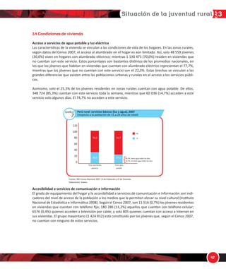 1/
!
%
! 1]RWQW]Se RS bWbWSRO
ĐĐĞƐŽ Ă ƐĞƌǀŝĐŝŽƐ ĚĞ ĂŐƵĂ ƉŽƚĂďůĞ Ǉ ůƵǌ ĞůĠĐƚƌŝĐĂ
ĂƐ ĐĂƌĂĐƚĞƌşƐƟĐĂƐ ĚĞ ůĂ ǀŝǀŝĞŶĚĂ ƐĞ ǀŝŶĐƵůĂŶ Ă ůĂƐ ĐŽŶĚŝĐŝŽŶĞƐ ĚĞ ǀŝĚĂ ĚĞ ůŽƐ ŚŽŐĂƌĞƐ͘ Ŷ ůĂƐ ǌŽŶĂƐ ƌƵƌĂůĞƐ͕
ƐĞŐƷŶ ĚĂƚŽƐ ĚĞů ĞŶƐŽ ϮϬϬϳ͕ Ğů ĂĐĐĞƐŽ Ăů ĂůƵŵďƌĂĚŽ ĞŶ Ğů ŚŽŐĂƌ ĞƐ ĂƷŶ ůŝŵŝƚĂĚŽ͘ Ɛş͕ ƐŽůŽ ϰϴ ϱϱϵ ũſǀĞŶĞƐ
;ϯϬ͕ϬйͿ ǀŝǀĞŶ ĞŶ ŚŽŐĂƌĞƐ ĐŽŶ ĂůƵŵďƌĂĚŽ ĞůĠĐƚƌŝĐŽ͖ ŵŝĞŶƚƌĂƐ ϭ ϭϯϬ ϰϳϯ ;ϳϬ͕ϬйͿ ƌĞƐŝĚĞŶ ĞŶ ǀŝǀŝĞŶĚĂƐ ƋƵĞ
ŶŽ ĐƵĞŶƚĂŶ ĐŽŶ ĞƐƚĞ ƐĞƌǀŝĐŝŽ͘ ƐƚŽƐ ƉŽƌĐĞŶƚĂũĞƐ ƐŽŶ ďĂƐƚĂŶƚĞƐ ĚŝƐƟŶƚŽƐ ĚĞ ůŽƐ ƉƌŽŵĞĚŝŽƐ ŶĂĐŝŽŶĂůĞƐ͕ ĞŶ
ůŽƐ ƋƵĞ ůŽƐ ũſǀĞŶĞƐ ƋƵĞ ŚĂďŝƚĂŶ ĞŶ ǀŝǀŝĞŶĚĂƐ ƋƵĞ ĐƵĞŶƚĂŶ ĐŽŶ ĂůƵŵďƌĂĚŽ ĞůĠĐƚƌŝĐŽ ƌĞƉƌĞƐĞŶƚĂŶ Ğů ϳϳ͕ϳй͕
ŵŝĞŶƚƌĂƐ ƋƵĞ ůŽƐ ũſǀĞŶĞƐ ƋƵĞ ŶŽ ĐƵĞŶƚĂŶ ĐŽŶ ĞƐƚĞ ƐĞƌǀŝĐŝŽ ƐŽŶ Ğů ϮϮ͕ϯй͘ ƐƚĂƐ ďƌĞĐŚĂƐ ƐĞ ǀŝŶĐƵůĂŶ Ă ůĂƐ
ŐƌĂŶĚĞƐ ĚŝĨĞƌĞŶĐŝĂƐ ƋƵĞ ĞǆŝƐƚĞŶ ĞŶƚƌĞ ůĂƐ ƉŽďůĂĐŝŽŶĞƐ ƵƌďĂŶĂƐ Ǉ ƌƵƌĂůĞƐ ĞŶ Ğů ĂĐĐĞƐŽ Ă ůŽƐ ƐĞƌǀŝĐŝŽƐ ƉƷďůŝͲ
ĐŽƐ͘
ƐŝŵŝƐŵŽ͕ ƐŽůŽ Ğů Ϯϱ͕ϯй ĚĞ ůŽƐ ũſǀĞŶĞƐ ƌĞƐŝĚĞŶƚĞƐ ĞŶ ǌŽŶĂƐ ƌƵƌĂůĞƐ ĐƵĞŶƚĂŶ ĐŽŶ ĂŐƵĂ ƉŽƚĂďůĞ͘ Ğ ĞůůŽƐ͕
ϯϰϴ ϳϮϰ ;ϴϱ͕ϯйͿ ĐƵĞŶƚĂŶ ĐŽŶ ĞƐƚĞ ƐĞƌǀŝĐŝŽ ƚŽĚĂ ůĂ ƐĞŵĂŶĂ͕ ŵŝĞŶƚƌĂƐ ƋƵĞ ϲϬ Ϭϯϲ ;ϭϰ͕ϳйͿ ĂĐĐĞĚĞŶ Ă ĞƐƚĞ
ƐĞƌǀŝĐŝŽ ƐŽůŽ ĂůŐƵŶŽƐ ĚşĂƐ͘ ů ϳϰ͕ϳй ŶŽ ĂĐĐĞĚĞŶ Ă ĞƐƚĞ ƐĞƌǀŝĐŝŽ͘
ĐĐĞƐŝďŝůŝĚĂĚ Ă ƐĞƌǀŝĐŝŽƐ ĚĞ ĐŽŵƵŶŝĐĂĐŝſŶ Ğ ŝŶĨŽƌŵĂĐŝſŶ
ů ŐƌĂĚŽ ĚĞ ĞƋƵŝƉĂŵŝĞŶƚŽ ĚĞů ŚŽŐĂƌ Ǉ ůĂ ĂĐĐĞƐŝďŝůŝĚĂĚ Ă ƐĞƌǀŝĐŝŽƐ ĚĞ ĐŽŵƵŶŝĐĂĐŝſŶ Ğ ŝŶĨŽƌŵĂĐŝſŶ ƐŽŶ ŝŶĚŝͲ
ĐĂĚŽƌĞƐ ĚĞů ŶŝǀĞů ĚĞ ĂĐĐĞƐŽ ĚĞ ůĂ ƉŽďůĂĐŝſŶ Ă ůŽƐ ŵĞĚŝŽƐ ƋƵĞ ůĞ ƉĞƌŵŝƚĞŶ ĞůĞǀĂƌ ƐƵ ŶŝǀĞů ĐƵůƚƵƌĂů ;/ŶƐƟƚƵƚŽ
EĂĐŝŽŶĂů ĚĞ ƐƚĂĚşƐƟĐĂ Ğ /ŶĨŽƌŵĄƟĐĂ ϮϬϬϴͿ͘ ^ĞŐƷŶ Ğů ĞŶƐŽ ϮϬϬϳ͕ ƐŽŶ ϭϭ ϱϭϲ ;Ϭ͕ϳйͿ ůŽƐ ũſǀĞŶĞƐ ƌĞƐŝĚĞŶƚĞƐ
ĞŶ ǀŝǀŝĞŶĚĂƐ ƋƵĞ ĐƵĞŶƚĂŶ ĐŽŶ ƚĞůĠĨŽŶŽ ĮũŽ͖ ϭϴϬ Ϯϴϲ ;ϭϭ͕ϮйͿ ĂƋƵĞůůŽƐ ƋƵĞ ĐƵĞŶƚĂŶ ĐŽŶ ƚĞůĠĨŽŶŽ ĐĞůƵůĂƌ͖
ϲϱϳϲ ;Ϭ͕ϰйͿ ƋƵŝĞŶĞƐ ĂĐĐĞĚĞŶ Ă ƚĞůĞǀŝƐŝſŶ ƉŽƌ ĐĂďůĞ͖ Ǉ ƐŽůŽ ϴϬϱ ƋƵŝĞŶĞƐ ĐƵĞŶƚĂŶ ĐŽŶ ĂĐĐĞƐŽ Ă /ŶƚĞƌŶĞƚ ĞŶ
ƐƵƐ ǀŝǀŝĞŶĚĂƐ͘ ů ŐƌƵƉŽ ŵĂǇŽƌŝƚĂƌŝŽ ;ϭ ϰϮϰ ϵϯϮͿ ĞƐƚĄ ĐŽŶƐƟƚƵŝĚŽ ƉŽƌ ůŽƐ ũſǀĞŶĞƐ ƋƵĞ͕ ƐĞŐƷŶ Ğů ĞŶƐŽ ϮϬϬϳ͕
ŶŽ ĐƵĞŶƚĂŶ ĐŽŶ ŶŝŶŐƵŶŽ ĚĞ ĞƐƚŽƐ ƐĞƌǀŝĐŝŽƐ͘
WĞƌƷ ƌƵƌĂů͗ ƐĞƌǀŝĐŝŽƐ ďĄƐŝĐŽƐ ;ůƵǌ Ǉ ĂŐƵĂͿ͕ ϮϬϬϳ
;ƌĞƐƉĞĐƚŽ Ă ůĂ ƉŽďůĂĐŝſŶ ĚĞ ϭϱ Ă Ϯϵ ĂŹŽƐ ĚĞ ĞĚĂĚͿ
ϭϮϬ
ϭϬϬ
ϴϬ
ϲϬ
ϰϬ
ϮϬ
Ϭ
dŝĞŶĞ ĂůƵŵďƌĂĚŽ
ĞůĠĐƚƌŝĐŽ
EŽ
^ş
dŝĞŶĞ ĂŐƵĂ
ƉŽƚĂďůĞ
ϴϱ͕ϯй͗ ƟĞŶĞ ĂŐƵĂ ƚŽĚŽƐ ůŽƐ ĚşĂƐ
ϭϰ͕ϳй͗ ŶŽ ƟĞŶĞ ĂŐƵĂ ƚŽĚŽƐ ůŽƐ ĚşĂƐ
ϳϬ͕Ϭ ϳϰ͕ϳ
ƵĞŶƚĞ͗ /E/ͲĞŶƐŽ EĂĐŝŽŶĂů ϮϬϬϳ͗ y/ ĚĞ WŽďůĂĐŝſŶ Ǉ s/ ĚĞ sŝǀŝĞŶĚĂ
ůĂďŽƌĂĐŝſŶ͗ ^›Äƒ¹ç
ϯϬ͕Ϭ Ϯϱ͕ϯ
Gráfico
7
 