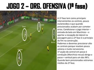 A 1ª fase tem como principais
intervenientes os centrais, pouco
esclarecidos e que quando
pressionados acabam por cometer
erros. Condicionar o jogo interior –
entrada da bola em Marchisio – e
apertar a recepção do lateral na
passagem para a 2ª fase é o princípio
do fim na construção.
Podemos e devemos pressionar alto
os centrais porque revelam pouca
astúcia e muito nervosismo.
1ª acção do central em posse é
condução (Marchisio recua) obriga a
passe + vertical para um dos MI’s.
Quando bem pressionados retiramos
médios da 2ª fase.
 