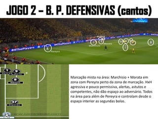 Marcação mista na área: Marchisio + Morata em
zona com Pereyra perto da zona de marcação. HxH
agressiva e pouco permissiva, alertas, astutos e
competentes, não dão espaço ao adversário. Todos
na área para além de Pereyra e controlam desde o
espaço interior as segundas bolas.
 