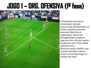Competentes mas pouco
esclarecidos. Quando
pressionados bombardeiam na
frente e preferencialmente
procuram Marchisio (o
organizador). Apesar de
Barzagli/Chiellini poderem
jogar por fora, não são capazes
de garantir uma 1ª fase sólida
(pressioná-los).
Recorrem pouco a Buffon, que
quando chamado a intervir
recorre ao pontapé longo na
maioria das vezes.
 