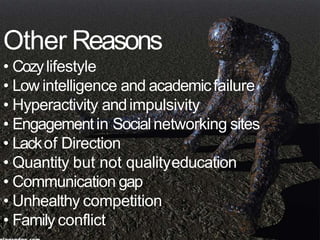 Other Reasons
• Cozylifestyle
• Low intelligence and academicfailure
• Hyperactivity andimpulsivity
• Engagementin Socialnetworking sites
• Lackof Direction
• Quantity but not qualityeducation
• Communication gap
• Unhealthy competition
• Family conflict
 