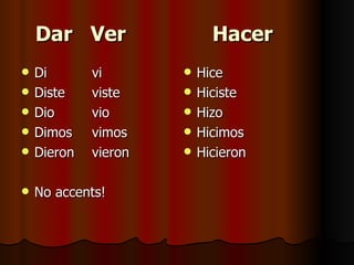 Dar  Ver Hacer Di vi Diste viste Dio vio Dimos vimos Dieron vieron No accents! Hice Hiciste Hizo Hicimos Hicieron 
