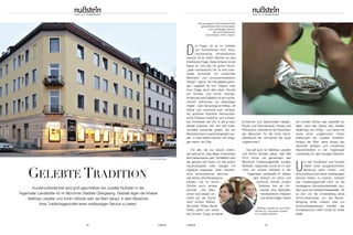 UHREN 1918 UHREN
GELEBTE TRADITION
D
ie Frage, ob es im Zeitalter
von Smartphones noch teure,
mechanische Armbanduhren
braucht, ist für Achim Stöckle nur eine
rhetorische Frage. Seine Antwort ist ein
klares Ja. Und das mit gutem Grund.
„Jede mechanische Uhr ist eine indivi-
duelle Schönheit mit kunstvoller
Mechanik und unverwechselbarem
Design“, sagt er. Am Handgelenk getra-
gen, begleitet sie ihre Trägerin oder
ihren Träger durch das Leben. Stunde
um Stunde, und immer hautnah.
Anders als jede Digitaluhr ist ein mecha-
nischer Zeitmesser ein lebendiges
Objekt – sein Herzschlag ist fühlbar, oft
hörbar und manchmal auch sichtbar.
Als sinnlicher Ausdruck feinmechani-
scher Präzision erzählt er vom komple-
xen Innenleben der Uhr, in der je nach
Modell zwischen 220 und 500 Präzi-
sionsteile ineinander greifen, die von
Menschenhand zusammengesetzt wur-
den. In einer elektronischen Uhr hinge-
gen steckt: ein Chip.
Für alle, die nur wissen wollen,
wie spät es ist, mag dieser Unterschied
eine Nebensache sein. Schließlich wird
die genaue Zeit heute von fast jedem
Haushaltsgerät oder Gadget mit
Digitaluhr angezeigt. Dass mechani-
sche Armbanduhren dennoch
seit Jahren eine Renaissance
erleben, hat für Achim
Stöckle auch andere
Gründe: „Die Men-
schen sind wieder ver-
mehrt auf der Suche
nach echten Werten.
Sie wollen Dinge, die sie
fühlen, sehen und verste-
hen können. Dinge, an denen
Emotionen und Geschichten hängen.
Physik und Feinmechanik, Poesie und
Philosophie. Deshalb ist die Faszination
der Menschen für die hohe Hand-
werkskunst der Uhrmacher bis heute
ungebrochen.”
Das gilt auch für Matthias Lewalter
und Achim Stöckle selbst. Seit Mai
2010 führen sie gemeinsam das
Münchner Traditionsgeschäft Juwelier
Nußstein. Gegründet wurde es im Jahr
1934 von Johann Nußstein in der
Tegernseer Landstraße 47. Neben
dem Verkauf von Uhren und
Schmuck betrieb Johann
Nußstein hier als Uhr-
macher eine Werkstatt.
Handwerkliche Präzision
und fachkundiger Dienst
am Kunden führten das Geschäft vor
allem nach den Wirren des Zweiten
Weltkriegs zum Erfolg – und haben bis
heute einen ungebrochen hohen
Stellenwert bei Juwelier Nußstein.
Anfang der 80er Jahre bezog das
Geschäft größere und modernere
Räumlichkeiten in der Tegernseer
Landstraße 43, dem heutigen Standort.
U
m den Kundinnen und Kunden
neben einer ausgezeichneten
Beratung beim Uhren- und
Schmuckkauf auch einen erstklassigen
Service bieten zu können, betreibt
das Traditionsgeschäft nicht nur die
hauseigene Uhrmacherwerkstatt, son-
dern auch ein Goldschmiedeatelier. Ob
es sich um die Umarbeitung eines
Schmuckstückes, um die Neuan-
fertigung eines Unikats oder um
Schmuckreparaturen handelt, der
Kundenwunsch steht immer an erster
Stelle.
Kundenzufriedenheit wird groß geschrieben bei Juwelier Nußstein in der
Tegernseer Landstraße 43 im Münchner Stadtteil Obergiesing. Deshalb legen die Inhaber
Matthias Lewalter und Achim Stöckle sehr viel Wert darauf, in allen Bereichen
ihres Traditionsgeschäfts einen erstklassigen Service zu bieten.
Die hauseigene Uhrmacherwerkstatt
gewährleistet einen fachkundigen
und zuverlässigen Service,
der auch Reparaturen
hochwertiger Uhren umfasst.
Matthias Lewalter (li.) und Achim
Stöckle (re.), die beiden Inhaber
von Juwelier Nußstein.
Fotos: Andreas Hosse
 