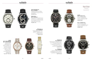 40 UHREN UHREN 41
www.brunosoehnle.de
www.facetta1957.de
Pesaro Automatik II (li.)
Ref. 17-12150-267
Veredeltes Automatikwerk BS-Version;
Edelstahlgehäuse Ø 44 mm; Saphirglas,
innen entspiegelt; wasserdicht bis 10 bar;
Kalbslederband
Preis 1950,– Euro
Pesaro II (re.)
Ref. 17-13073-781
Werk Ronda 7004.P, veredelte BS-Version;
Edelstahlgehäuse oder Edelstahl ionenplat-
tiert rosé, Ø 43 mm; kratzfestes Saphirglas,
innen entspiegelt; verschraubte Krone und
Boden; wasserdicht bis 10 bar;
Kalbslederband mit Krokoprägung
Preis 585,– Euro
Grandioso (li.)
Ref. 17-73117-741
Werk Ronda 8040.N, veredelte BS-Version;
Edelstahlgehäuse oder Edelstahl ionenplat-
tiert biocolor rosé oder schwarz,
Ø 42,5 mm; gewölbtes Saphirglas, innen
entspiegelt; verschraubte Krone und
verschraubter K1-Glasboden;
Kalbslederband mit Krokoprägung
Preis 695,– Euro
Marcato (re.)
Ref. 17-13143-841
Quarzwerk in veredelter BS-Version;
Edelstahlgehäuse Ø 44 mm; Saphirglas,
innen entspiegelt; wasserdicht bis 10 bar;
Kalbslederband mit Doppelfaltschließe
Preis 725,– Euro
Facetta
Ref. 17-73166-747 (li.)
Werk Ronda 8040.B, veredelte
BS-Version; Edelstahlgehäuse,
Ø 46 mm; entspiegeltes Saphirglas,
Glasboden; wasserdicht bis 5 bar;
Kalbsederarmband
Preis 795,– Euro
Ref. 17-13155-841 (re.)
Werk Ronda 8040.N, veredelte
BS-Version; Edelstahlgehäuse,
Ø ca 45 mm; entspiegeltes Saphirglas,
Glasboden; wasserdicht bis 5 bar;
Kalbslederarmband
Preis 695,– Euro
Armida
Ref. 17-63115-954 (li.)
Ref. 17-63115-751 (M.)
Werk Ronda 5040.B,
veredelte BS-Version;
Edelstahlgehäuse oder
Edelstahl ionenplattiert rosé,
Ø 36 mm; Saphirglas, innen
entspiegelt; verschraubte
Krone und verschraubter
K1-Glasboden; 12 Brillanten
WSi, 0,06 ct. gesamt;
wasserdicht bis 10 bar;
Kalbslederband mit
Faltschließe oder massives
Edelstahlband mit
Doppelfaltschließe
Preis 795,– | 725,– Euro
Nuvola II (re. u.)
Ref. 17-23088-242
Quarzwerk in veredelter BS-Version;
Edelstahlgehäuse Ø 38 x 17 mm;
Stahlboden; wasserdicht bis 3 bar;
Edelstahlmetallband
ionenplattiert bicolor gold
Preis 455,– Euro
 