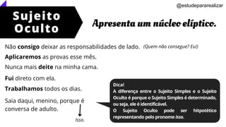 Sujeito
Oculto
Apresenta um núcleo elíptico.
@estudepararealizar
Dica!
A diferença entre o Sujeito Simples e o Sujeito
Oculto é porque o Sujeito Simples é determinado,
ou seja, ele é identificável.
O Sujeito Oculto pode ser hitpotético
representando pelo pronome isso.
(Quem não consegue? Eu!)
Não consigo deixar as responsabilidades de lado.
Aplicaremos as provas esse mês.
Nunca mais deite na minha cama.
Fui direto com ela.
Trabalhamos todos os dias.
Saia daqui, menino, porque é
conversa de adulto.
Isso.
 