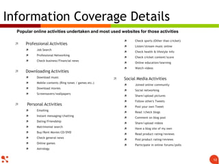  Professional Activities
 Job Search
 Professional Networking
 Check business/Financial news
 Downloading Activities
 Download music
 Mobile contents (Ring tones / games etc.)
 Download movies
 Screensavers/wallpapers
 Personal Activities
 Emailing
 Instant messaging/chatting
 Dating/Friendship
 Matrimonial search
 Buy/Rent Movies CD/DVD
 Check general news
 Online games
 Astrology
 Check sports (Other than cricket)
 Listen/stream music online
 Check health & lifestyle info
 Check cricket content/score
 Online education/learning
 Watch videos
 Social Media Activities
 Joined online community
 Social networking
 Share/upload pictures
 Follow other's Tweets
 Post your own Tweet
 Read /check blogs
 Comment on blog post
 Share/upload videos
 Have a blog site of my own
 Read product rating/reviews
 Post product rating/reviews
 Participate in online forums/polls
Information Coverage Details
12
Popular online activities undertaken and most used websites for those activities
 